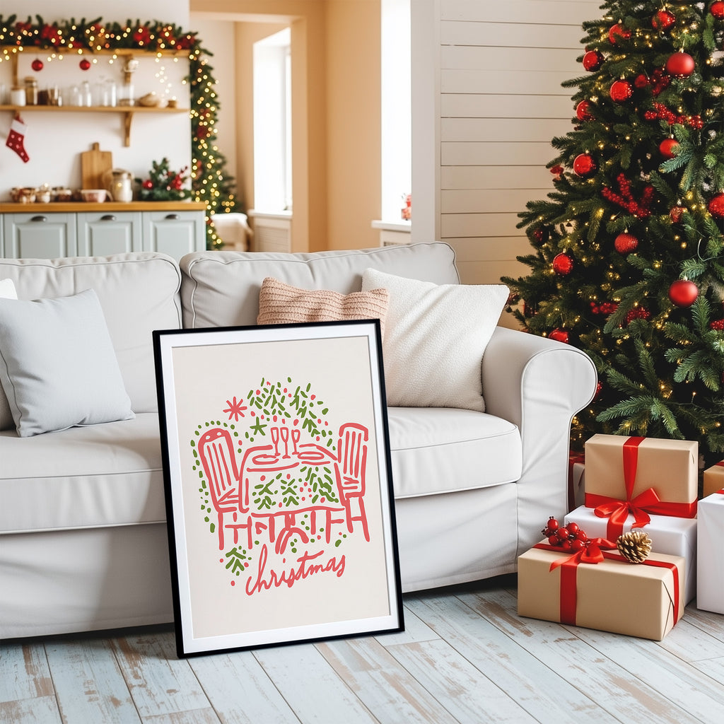 Christmas Dinner Table Wall Art | Cozy Holiday Illustration Print for Festive Home Decor