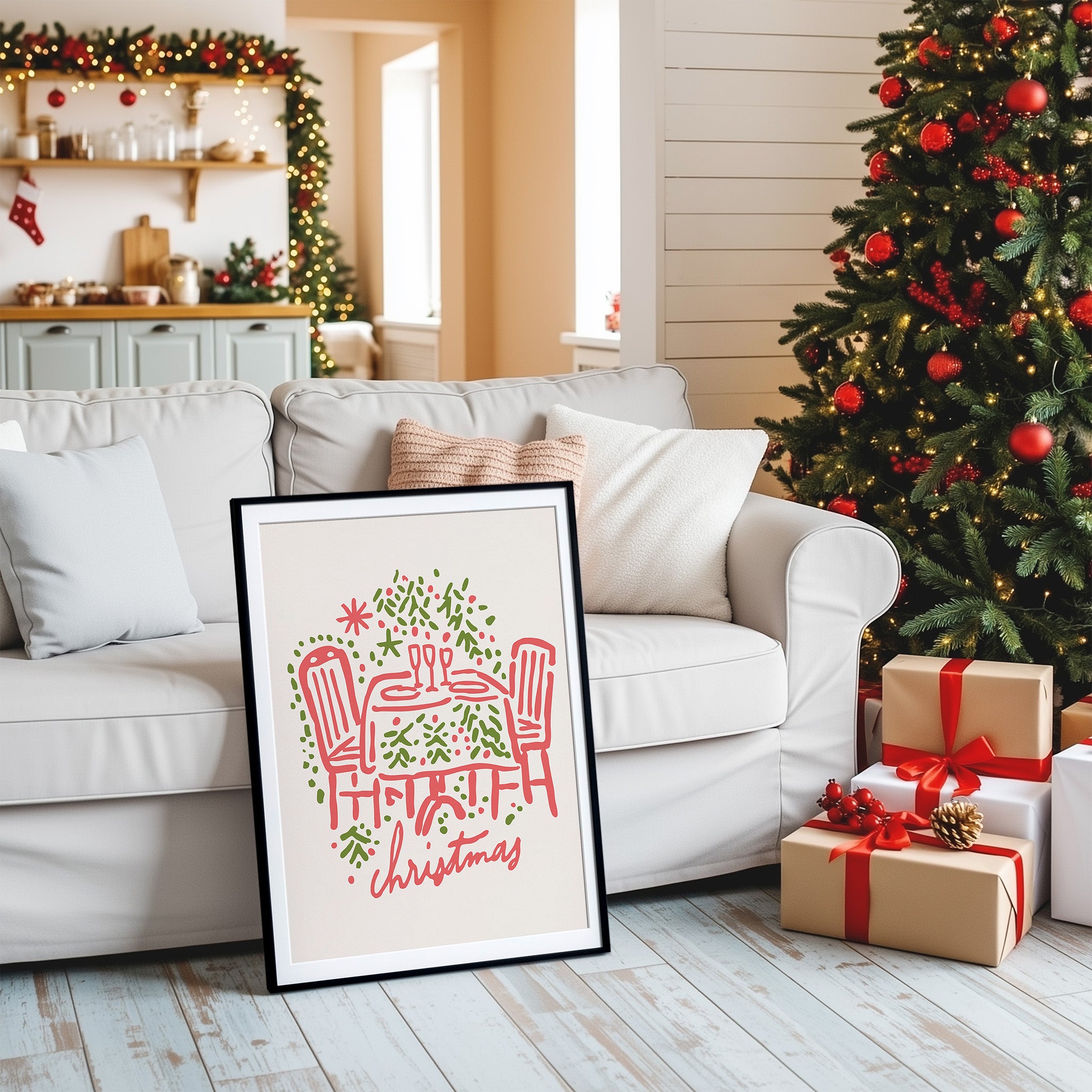 Christmas Dinner Table Wall Art | Cozy Holiday Illustration Print for Festive Home Decor