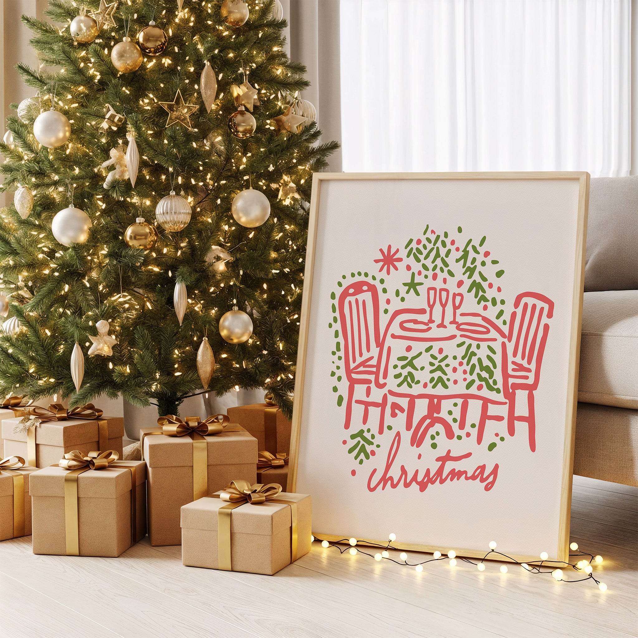 Christmas Dinner Table Wall Art | Cozy Holiday Illustration Print for Festive Home Decor