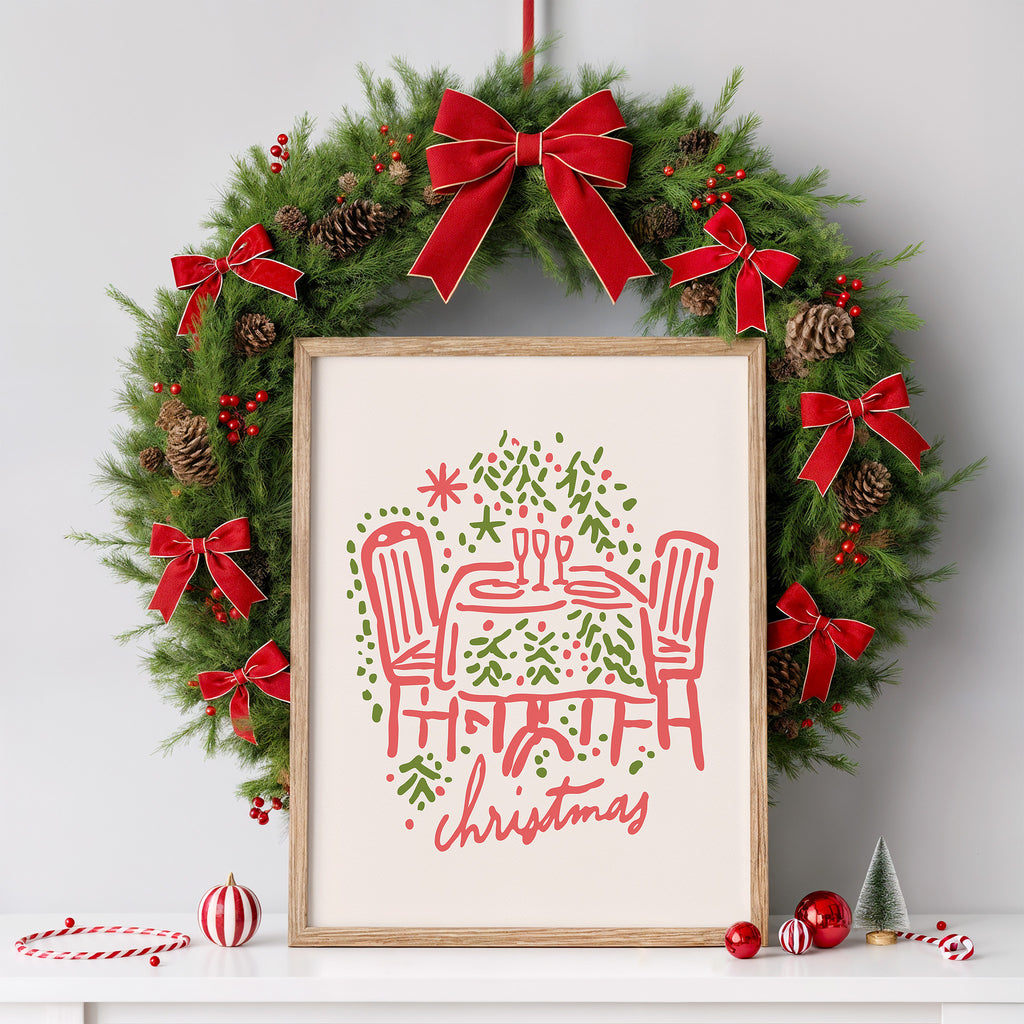 Christmas Dinner Table Wall Art | Cozy Holiday Illustration Print for Festive Home Decor