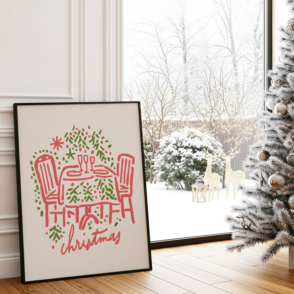 Christmas Dinner Table Wall Art | Cozy Holiday Illustration Print for Festive Home Decor