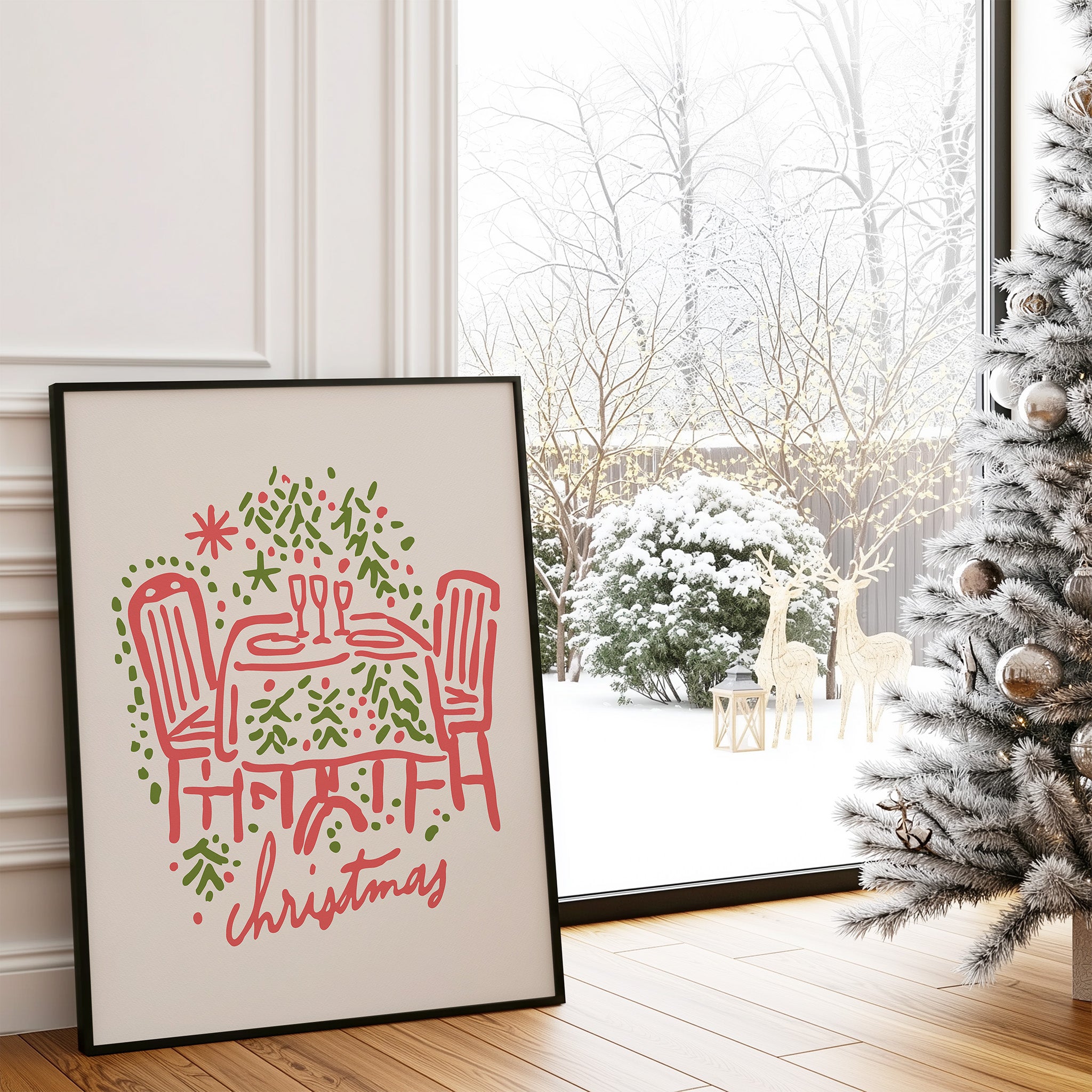Christmas Dinner Table Wall Art | Cozy Holiday Illustration Print for Festive Home Decor