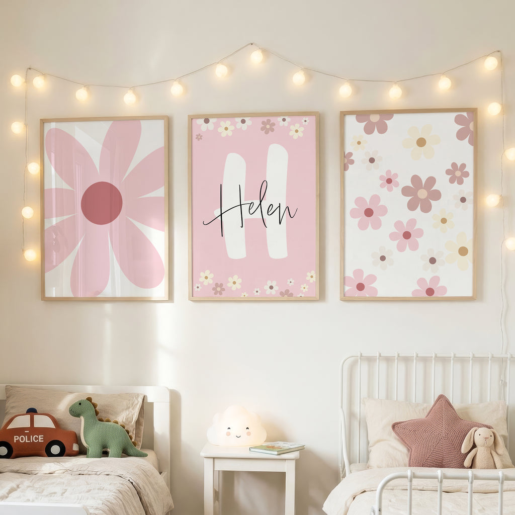 Custom Name Daisy Wall Art - Set of 3 Personalized Floral Nursery Decor, Boho Girl Room Prints
