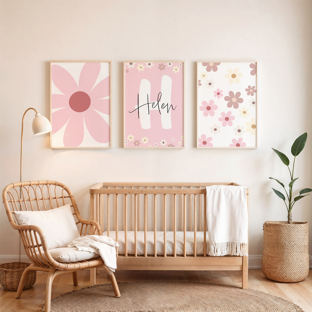 Custom Name Daisy Wall Art - Set of 3 Personalized Floral Nursery Decor, Boho Girl Room Prints