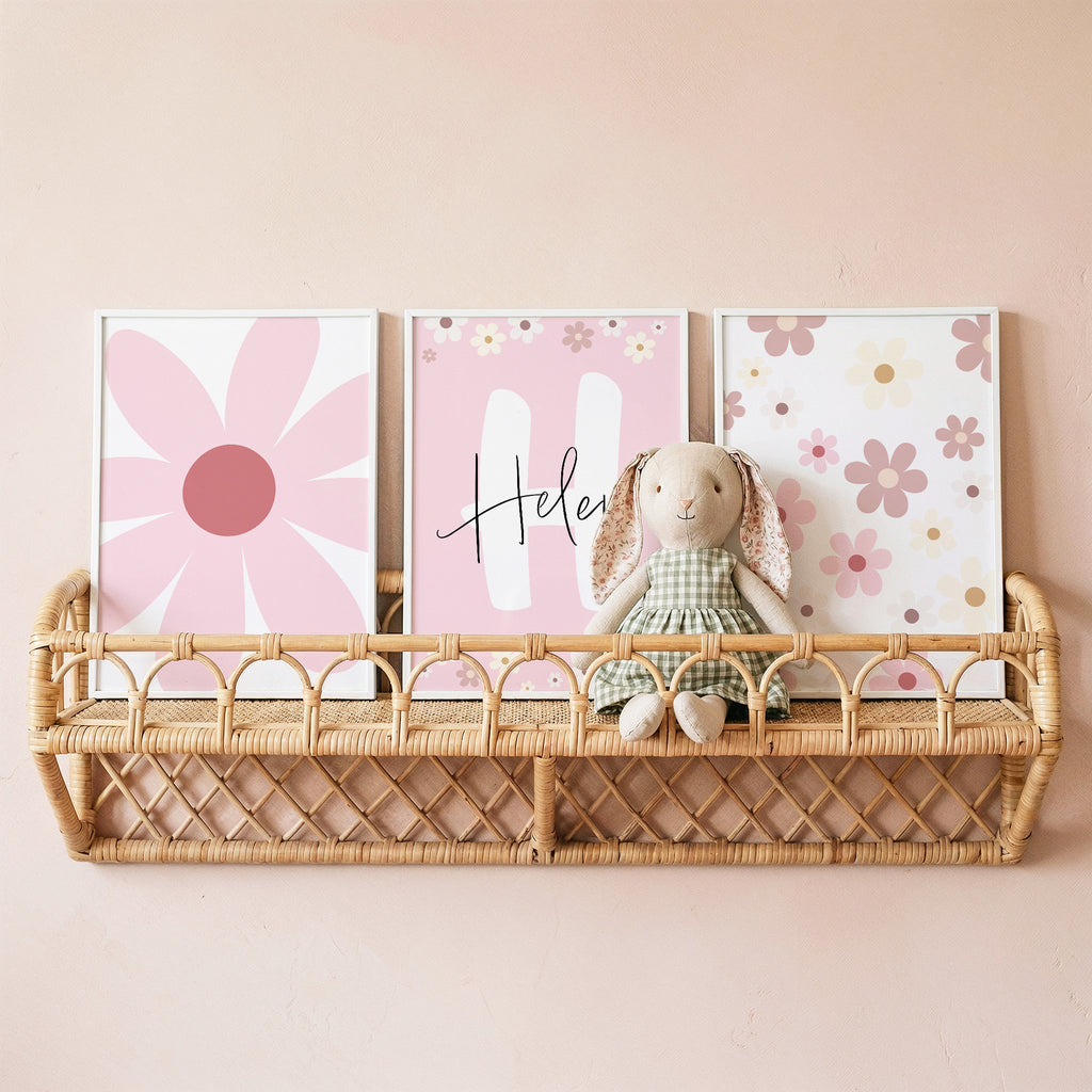 Custom Name Daisy Wall Art - Set of 3 Personalized Floral Nursery Decor, Boho Girl Room Prints