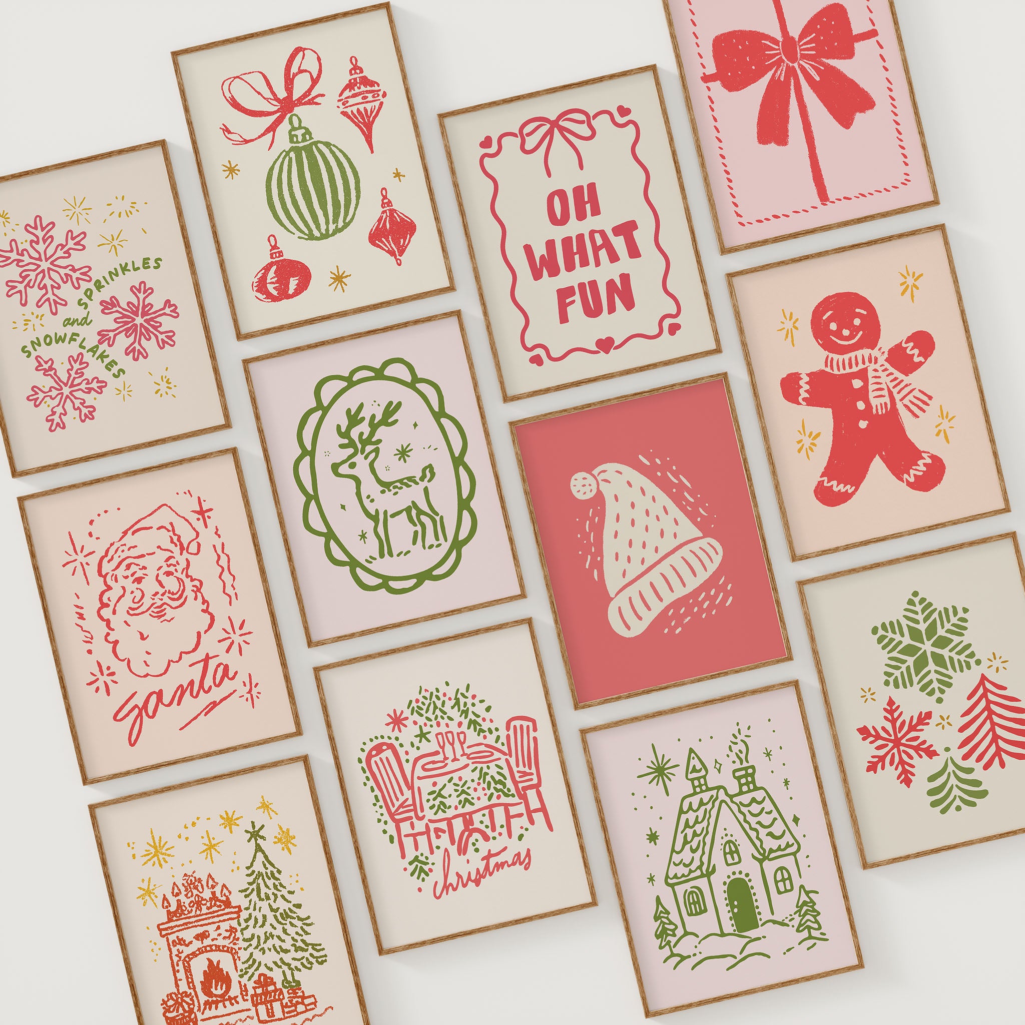 Whimsical Christmas Wall Art Set – 12 Hand-Drawn Holiday Prints | Festive Home Decor