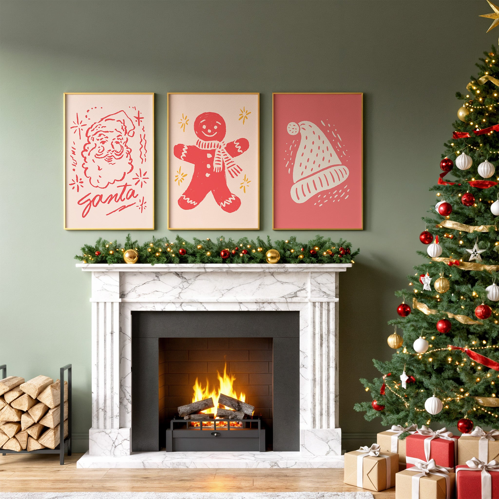 Whimsical Christmas Wall Art Set – 12 Hand-Drawn Holiday Prints | Festive Home Decor