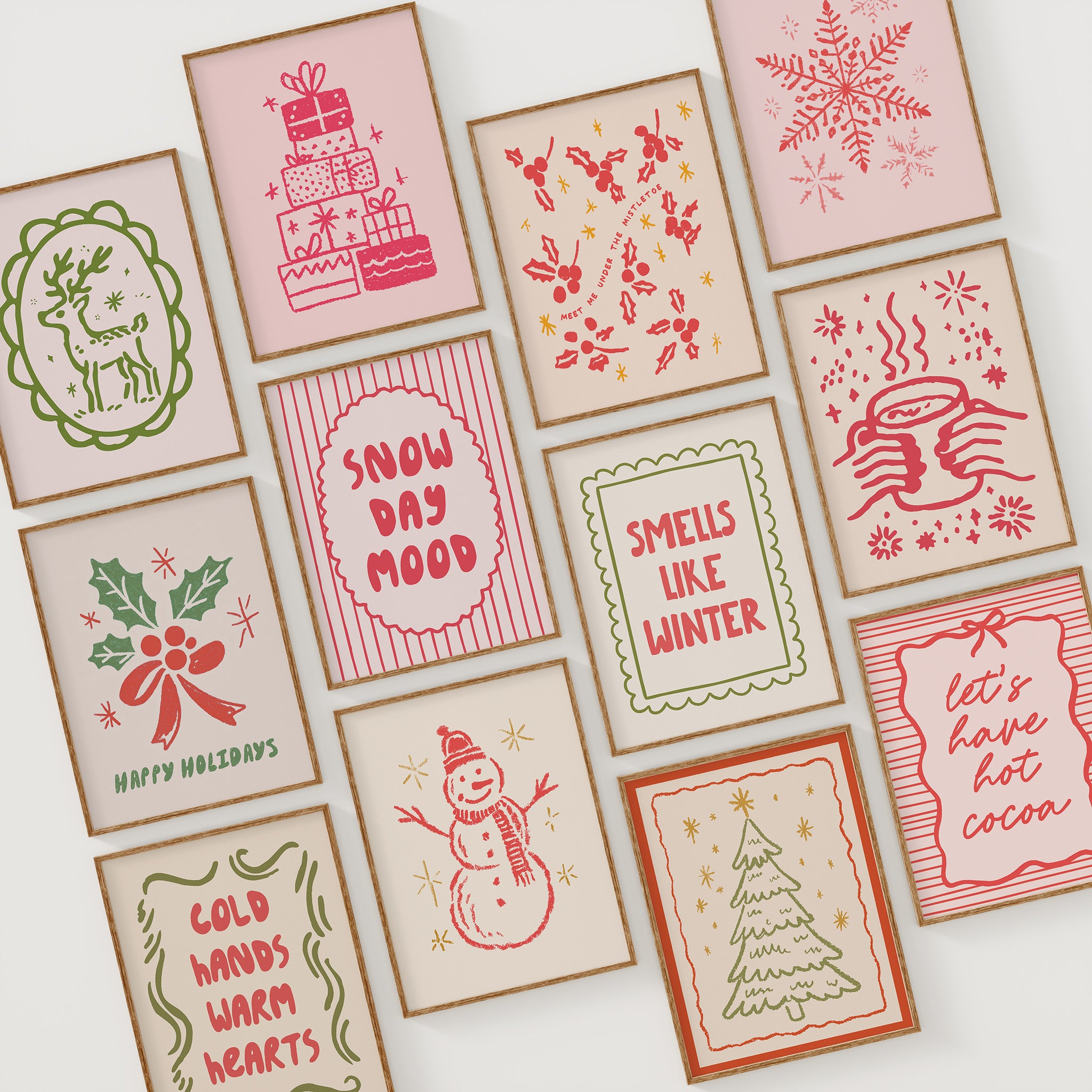 Cozy Winter & Christmas Wall Art Set – 12 Hand-Drawn Holiday Prints | Warm Seasonal Decor