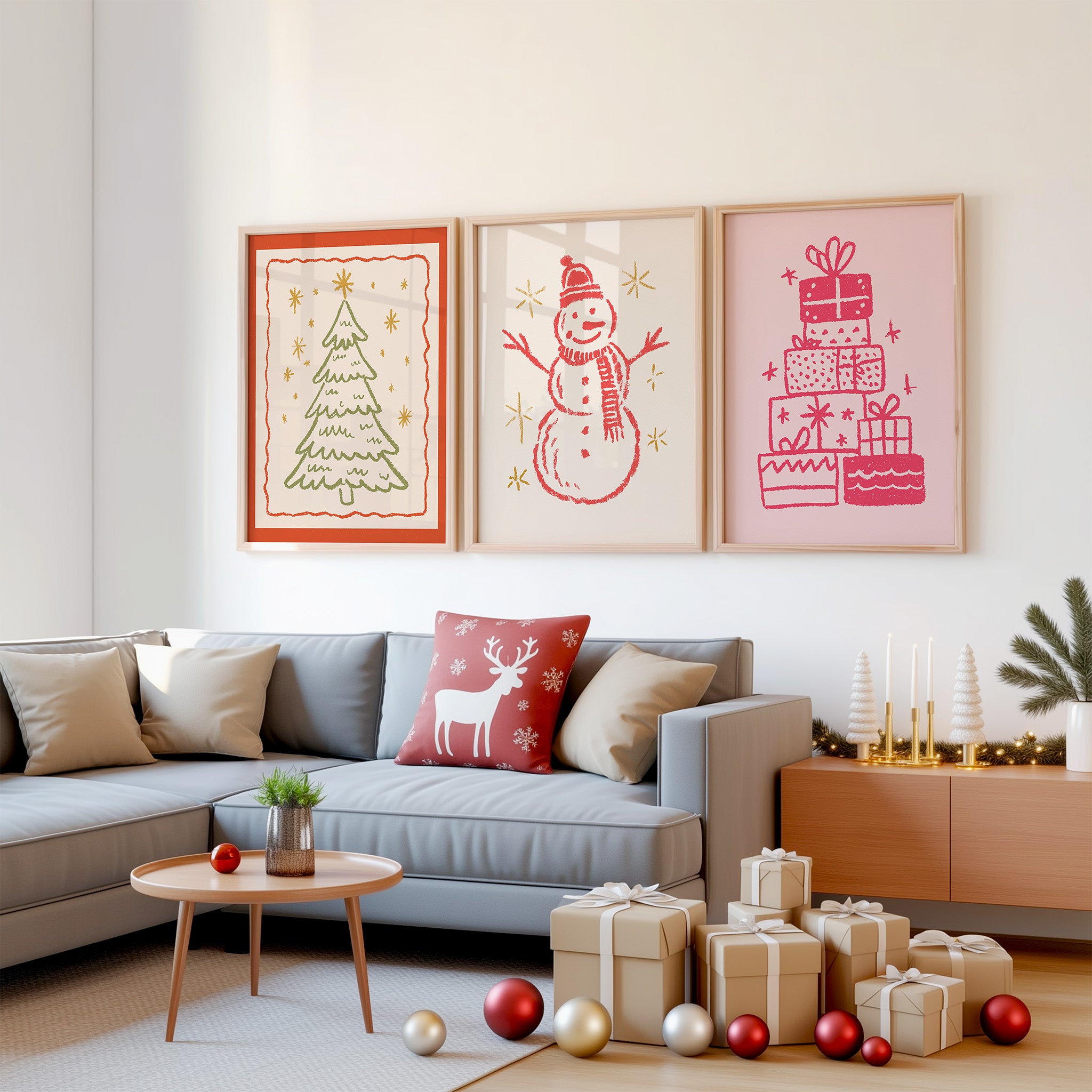 Cozy Winter & Christmas Wall Art Set – 12 Hand-Drawn Holiday Prints | Warm Seasonal Decor