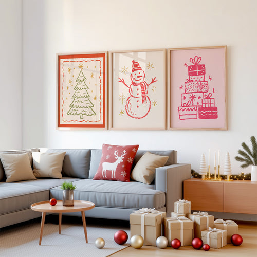 Cozy Winter & Christmas Wall Art Set – 12 Hand-Drawn Holiday Prints | Warm Seasonal Decor
