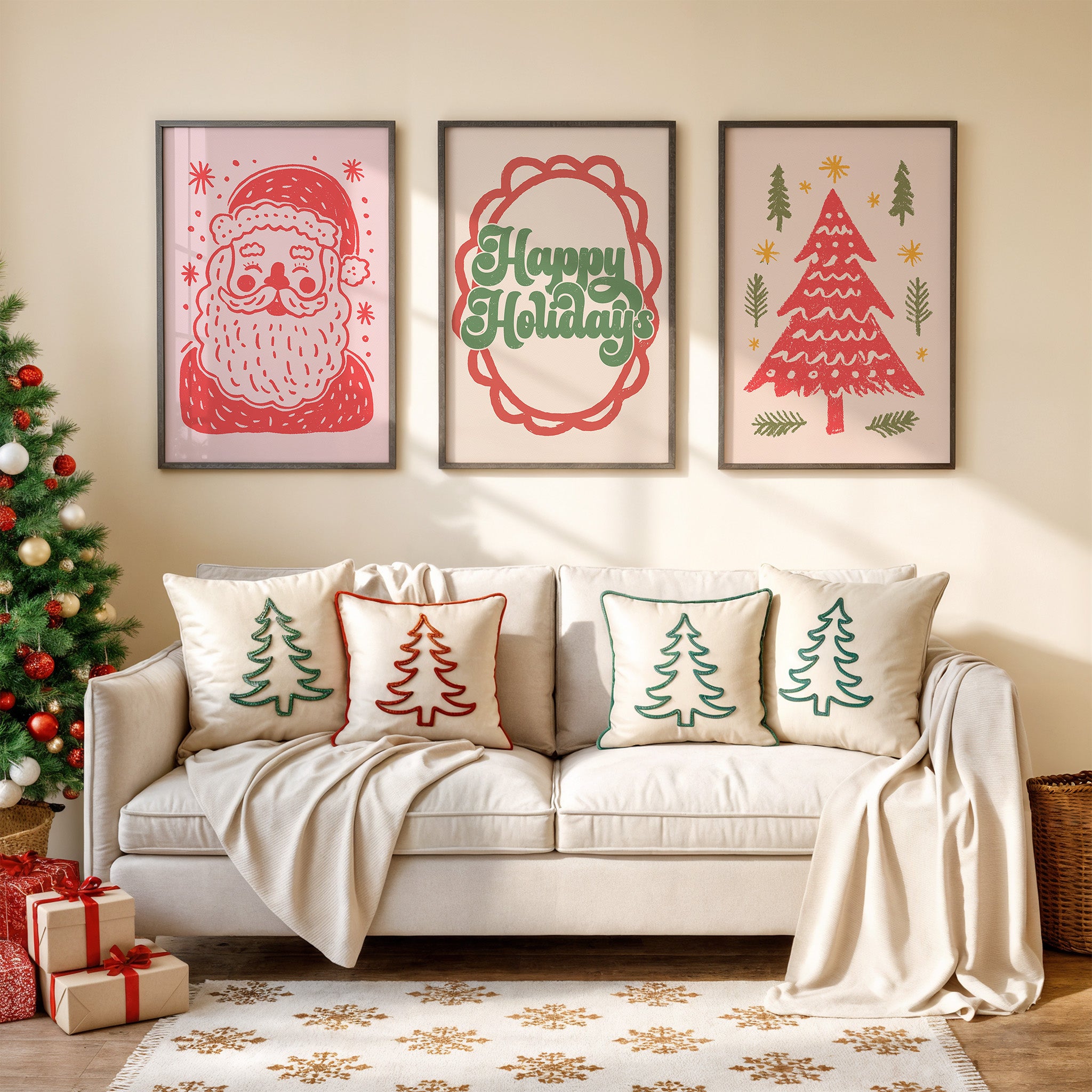 Christmas Wall Art Set – 3 Festive Holiday Prints | Santa, Happy Holidays & Christmas Tree Decor