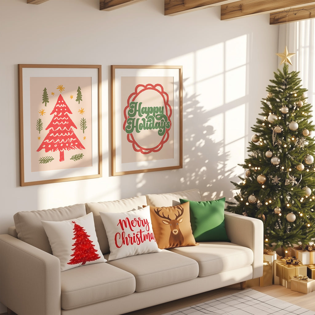 Christmas Wall Art Set – 3 Festive Holiday Prints | Santa, Happy Holidays & Christmas Tree Decor