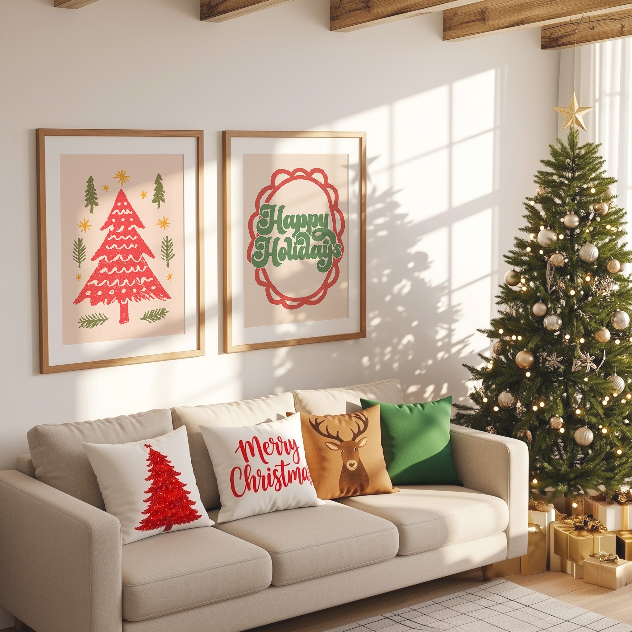 Christmas Wall Art Set – 3 Festive Holiday Prints | Santa, Happy Holidays & Christmas Tree Decor