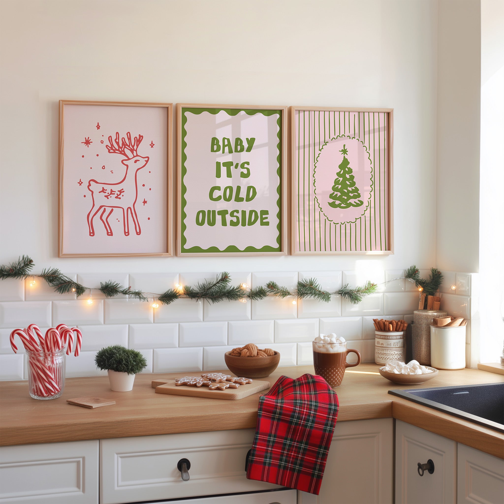 Winter Christmas Wall Art Set – 3 Cozy Holiday Prints | Reindeer, Baby It’s Cold Outside & Christmas Tree