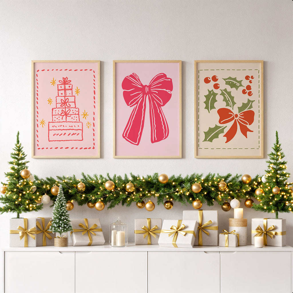 Christmas Wall Art Set – 3 Festive Holiday Prints | Gifts, Bow & Holly Decor