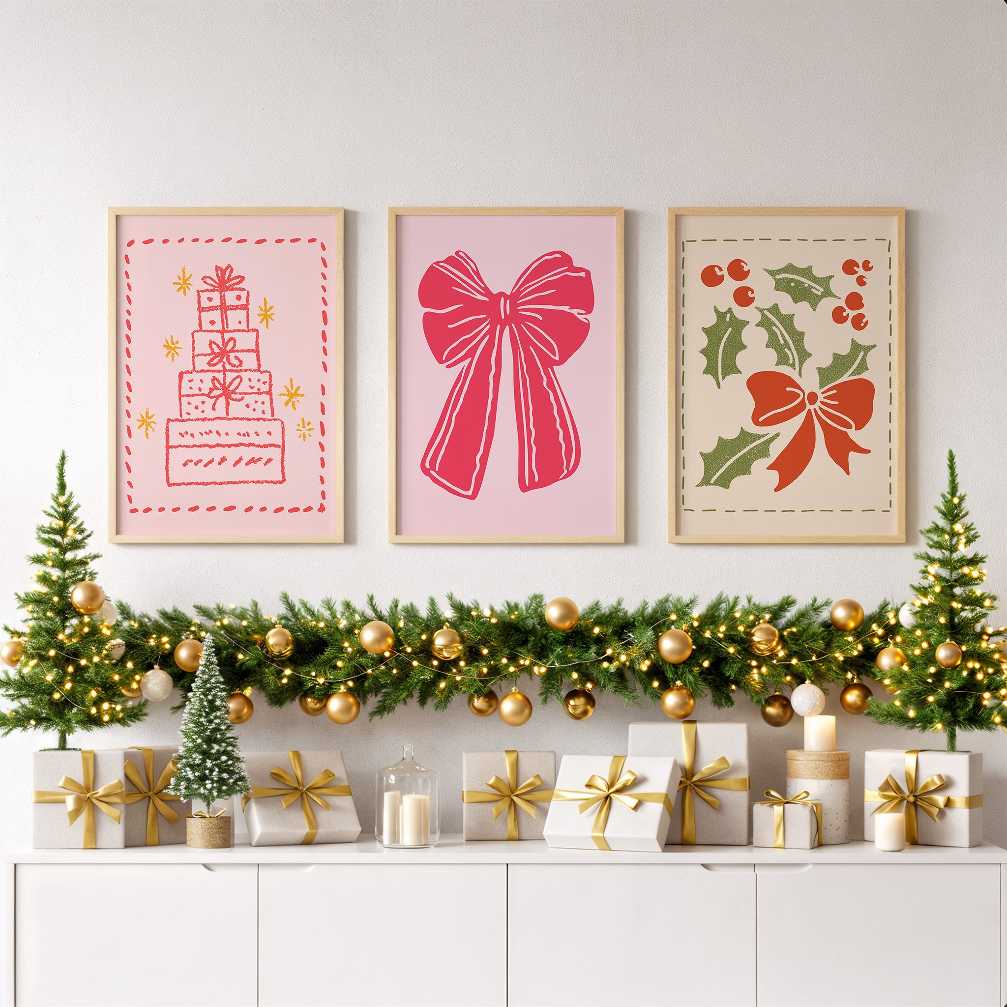 Christmas Wall Art Set – 3 Festive Holiday Prints | Gifts, Bow & Holly Decor