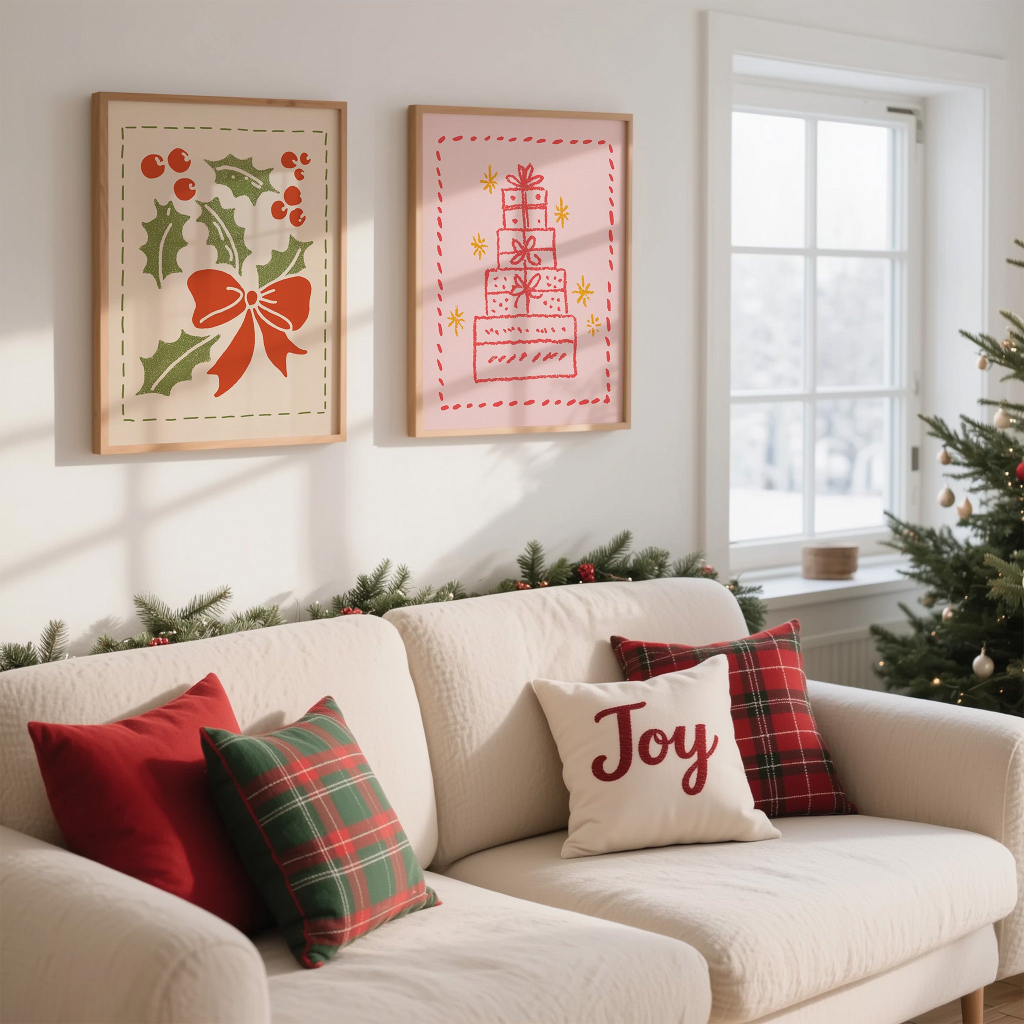 Christmas Wall Art Set – 3 Festive Holiday Prints | Gifts, Bow & Holly Decor