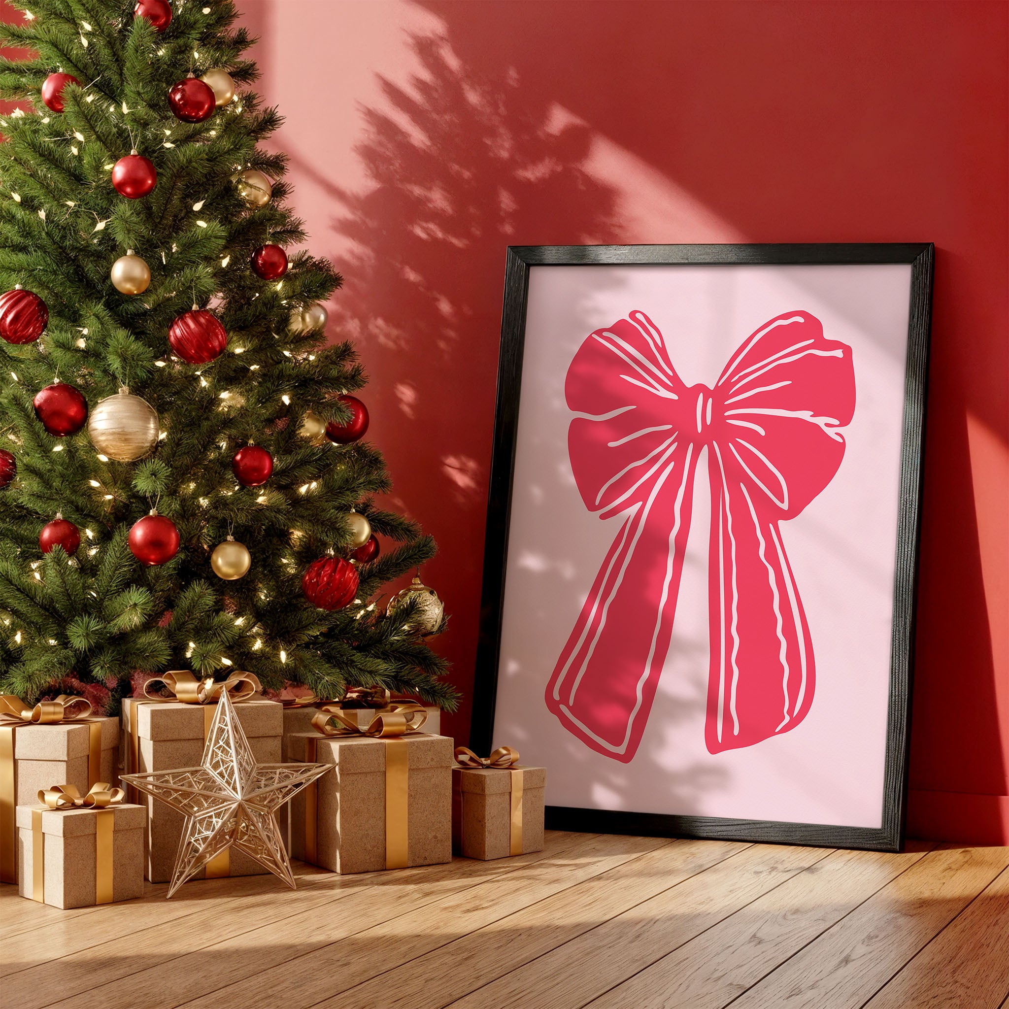 Christmas Wall Art Set – 3 Festive Holiday Prints | Gifts, Bow & Holly Decor