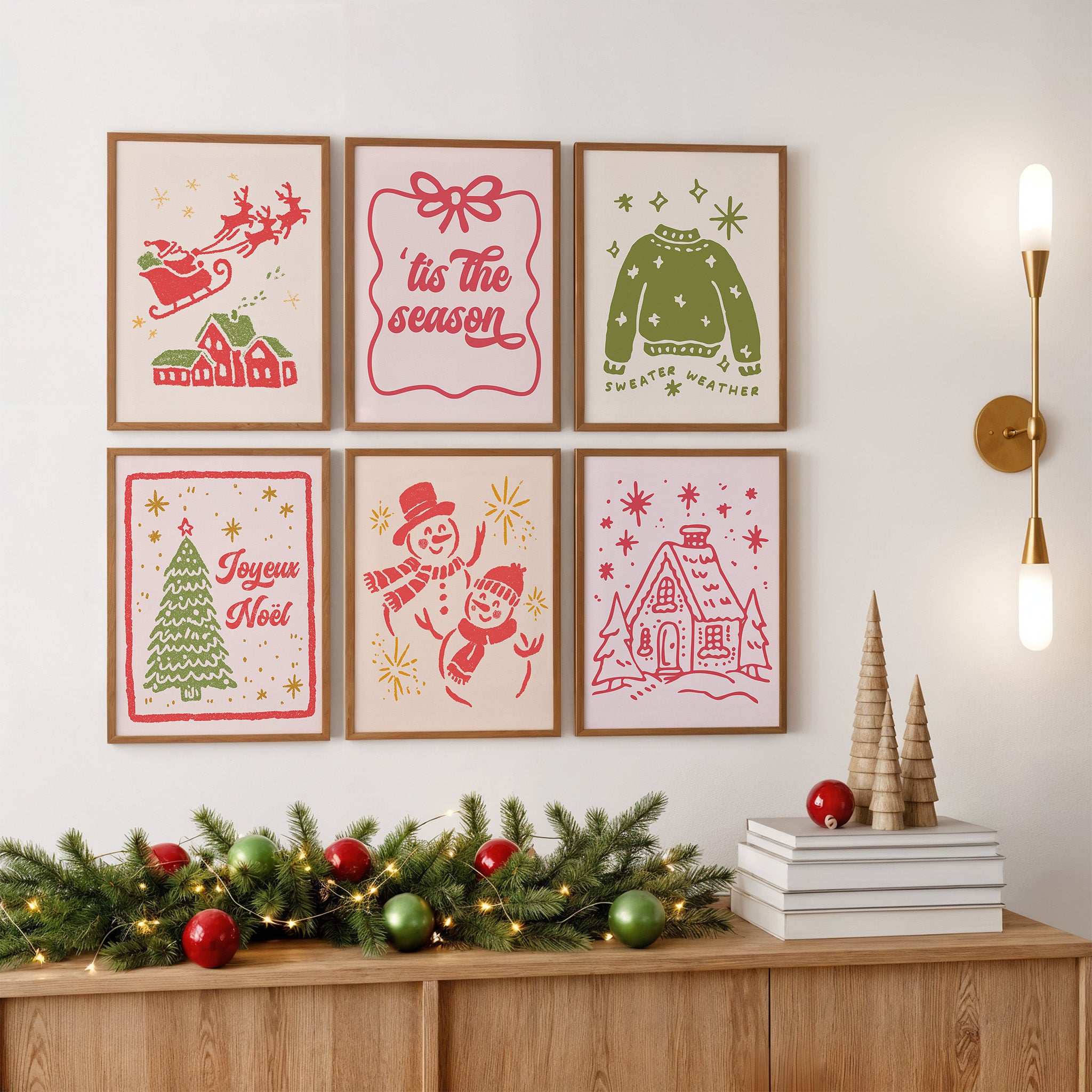 Festive Christmas Wall Art Set – 6 Cozy Holiday Prints | Cute Hand-Drawn Seasonal Decor