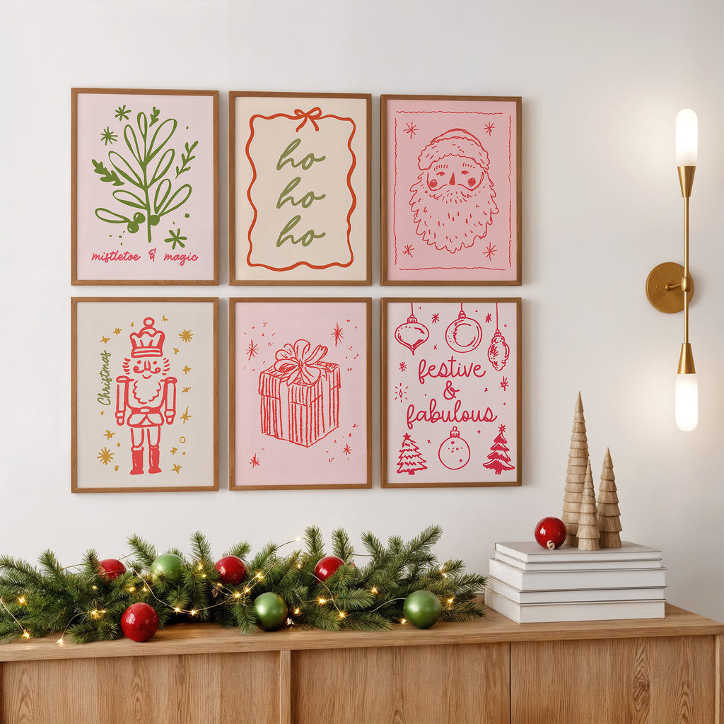 Charming Christmas Wall Art Set – 6 Hand-Drawn Holiday Prints | Festive & Fabulous Seasonal Decor