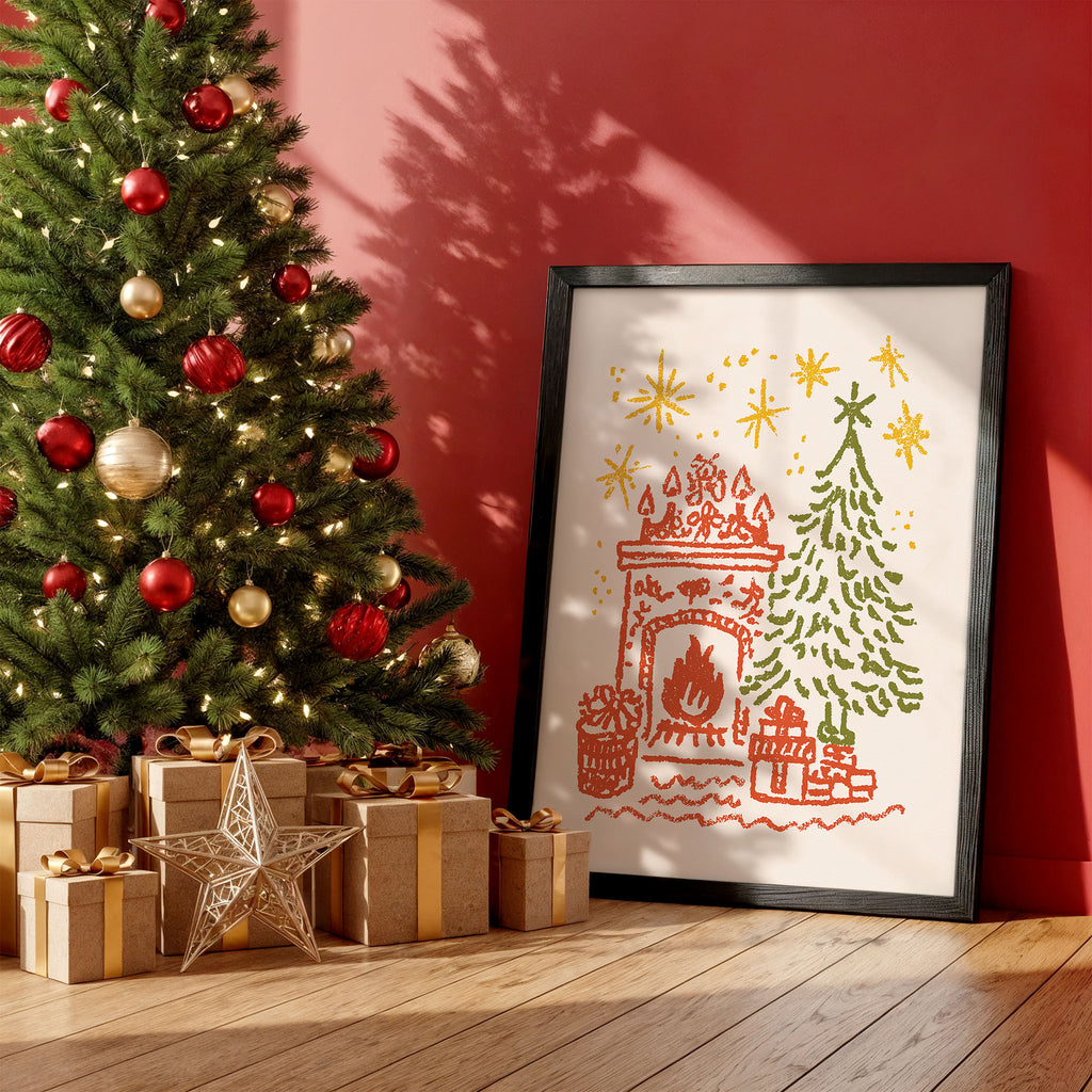 Cozy Christmas Fireplace Wall Art | Holiday Tree & Gifts Illustration Print