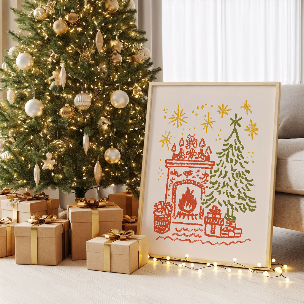 Cozy Christmas Fireplace Wall Art | Holiday Tree & Gifts Illustration Print