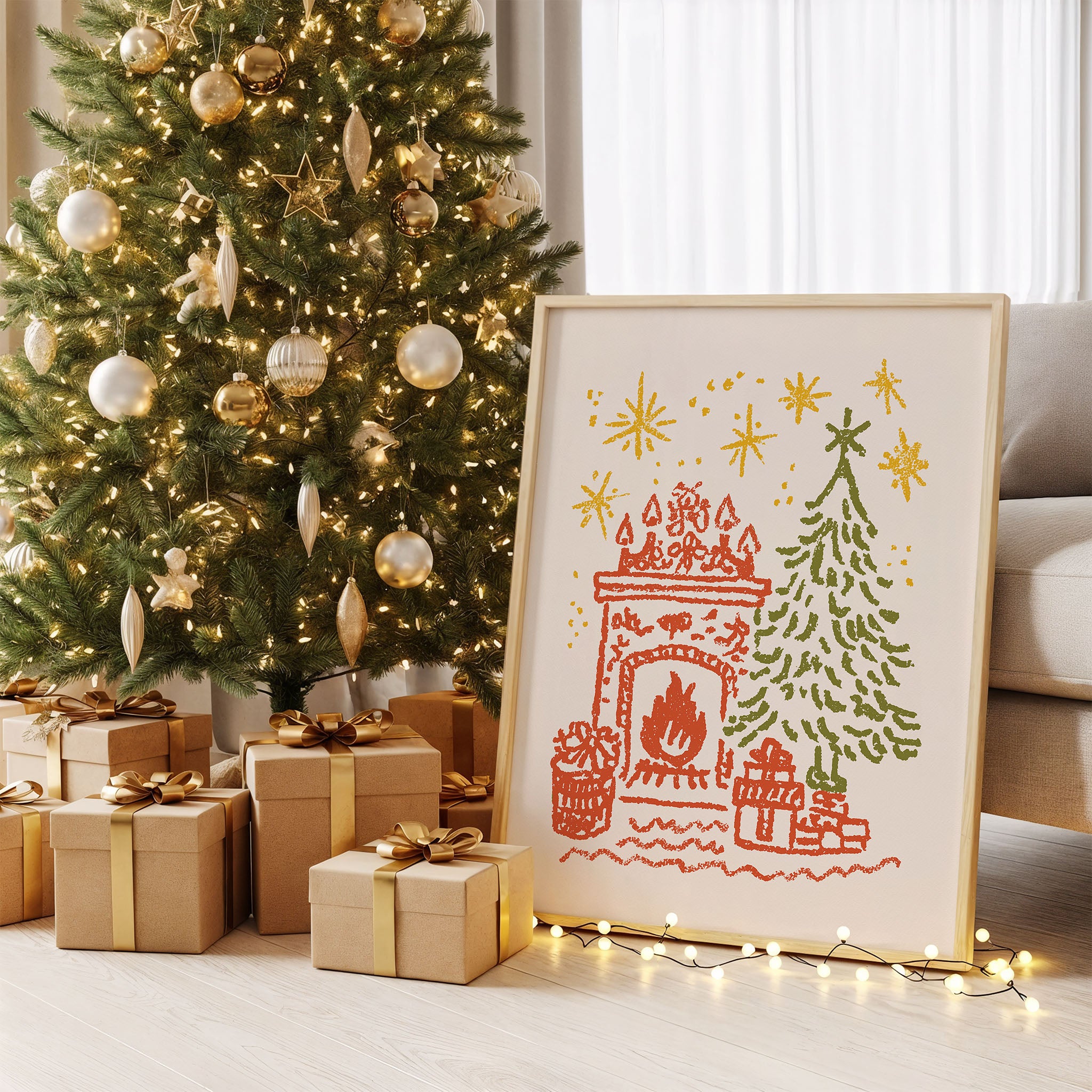 Cozy Christmas Fireplace Wall Art | Holiday Tree & Gifts Illustration Print