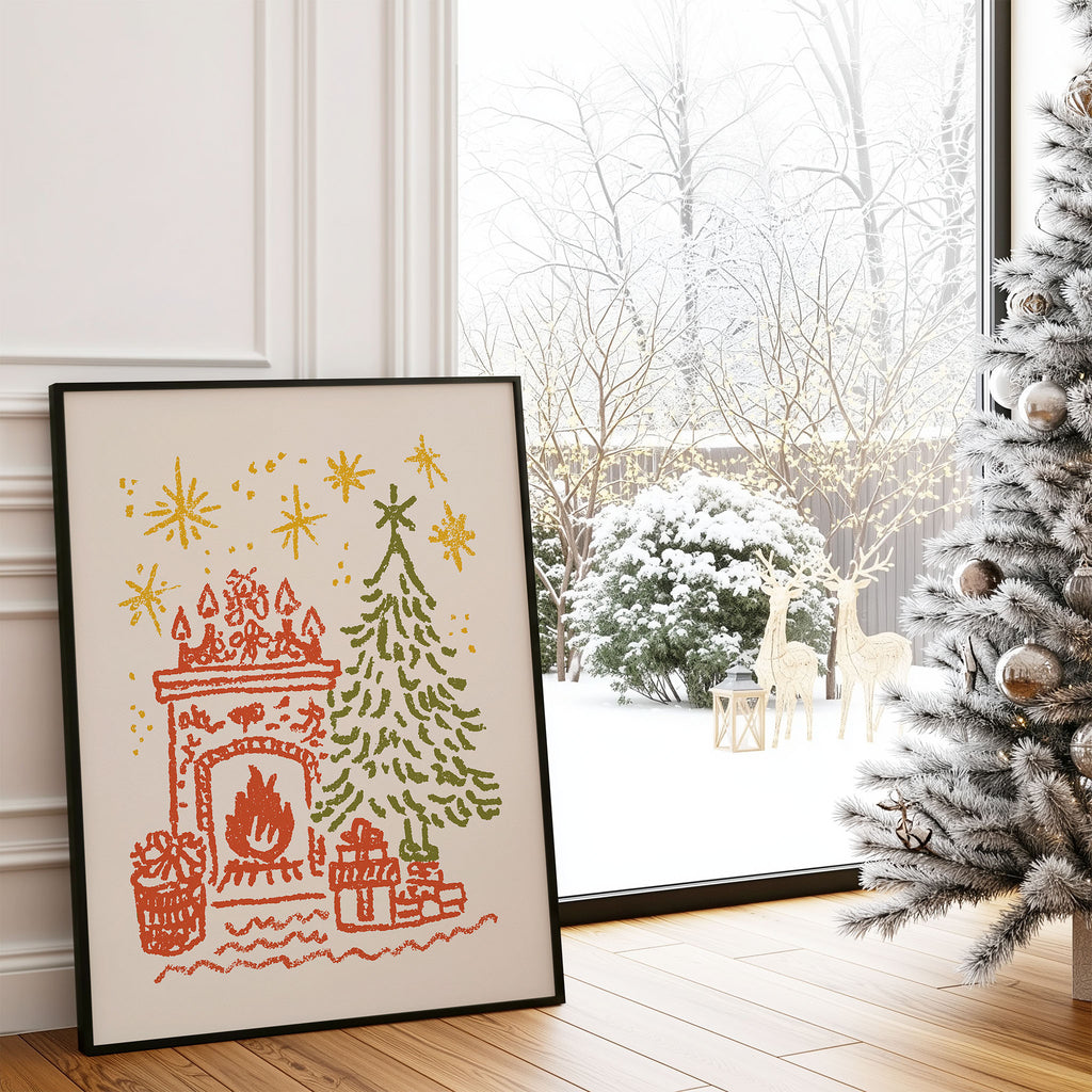 Cozy Christmas Fireplace Wall Art | Holiday Tree & Gifts Illustration Print