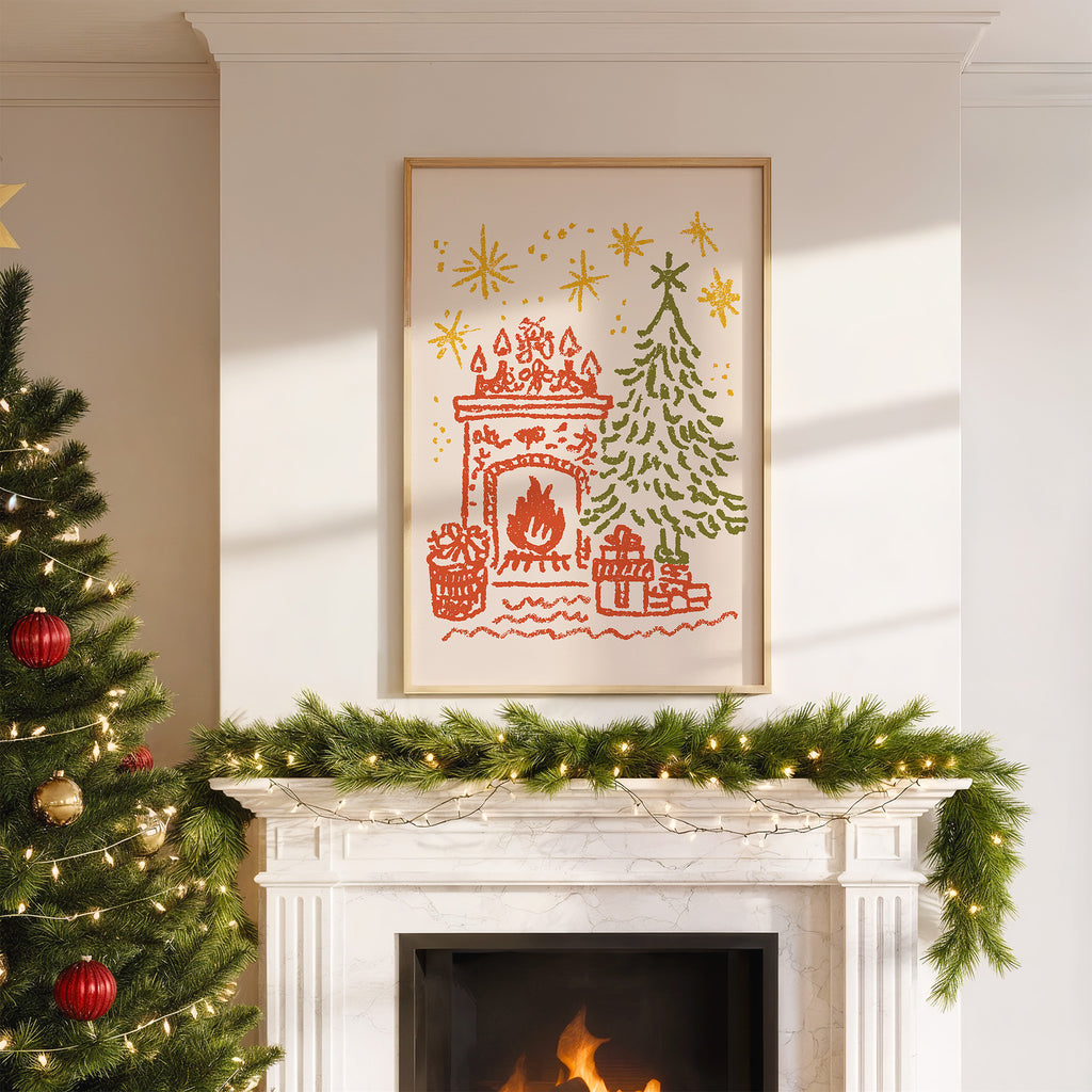 Cozy Christmas Fireplace Wall Art | Holiday Tree & Gifts Illustration Print