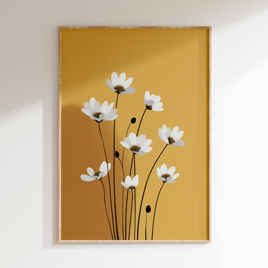 Golden Daisy Bloom – Mid-Century Retro Floral Wall Art