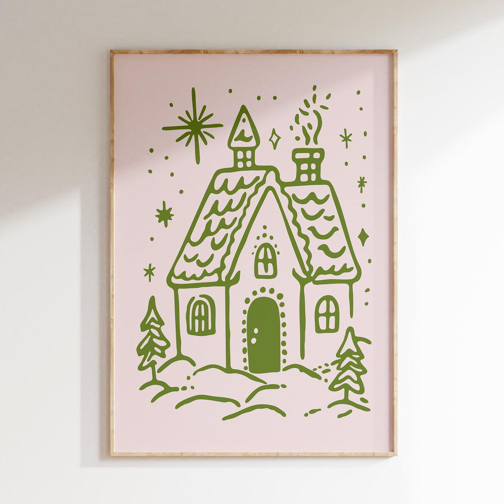 Cozy Christmas House Wall Art | Winter Cottage Holiday Illustration Print