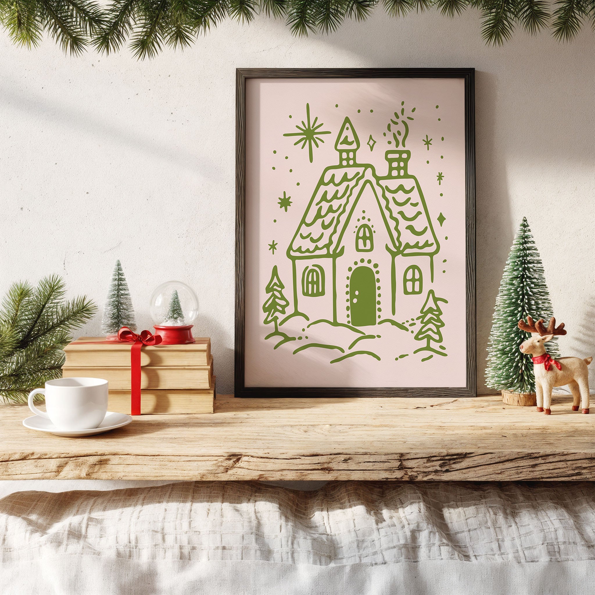 Cozy Christmas House Wall Art | Winter Cottage Holiday Illustration Print