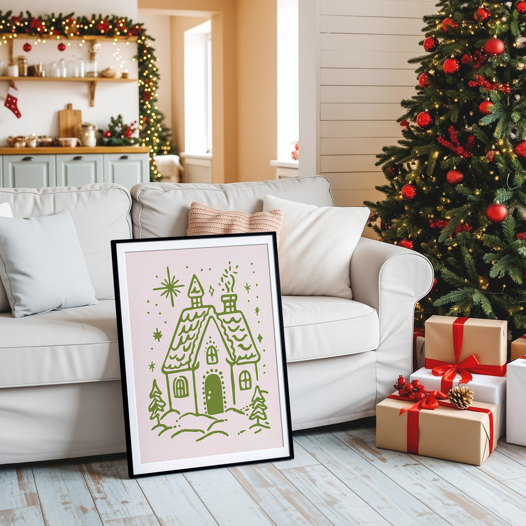 Cozy Christmas House Wall Art | Winter Cottage Holiday Illustration Print