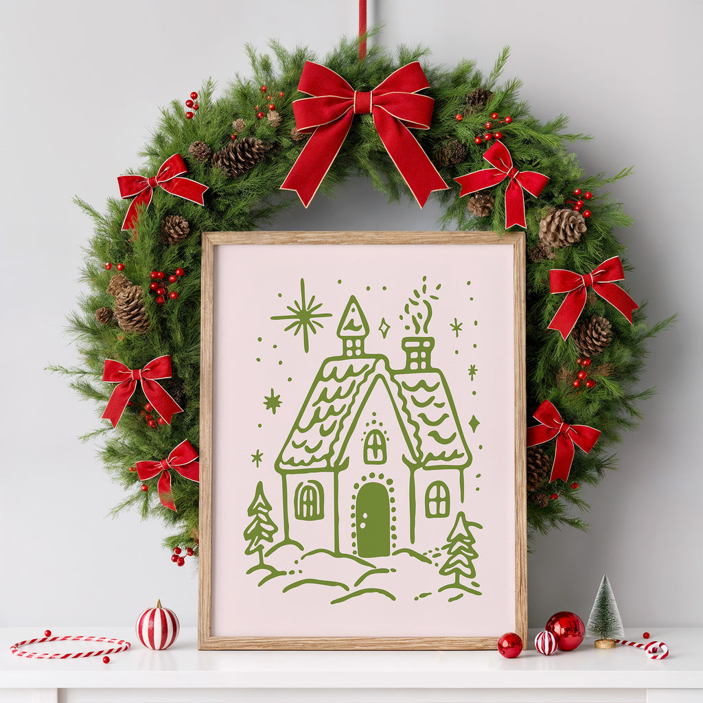 Cozy Christmas House Wall Art | Winter Cottage Holiday Illustration Print