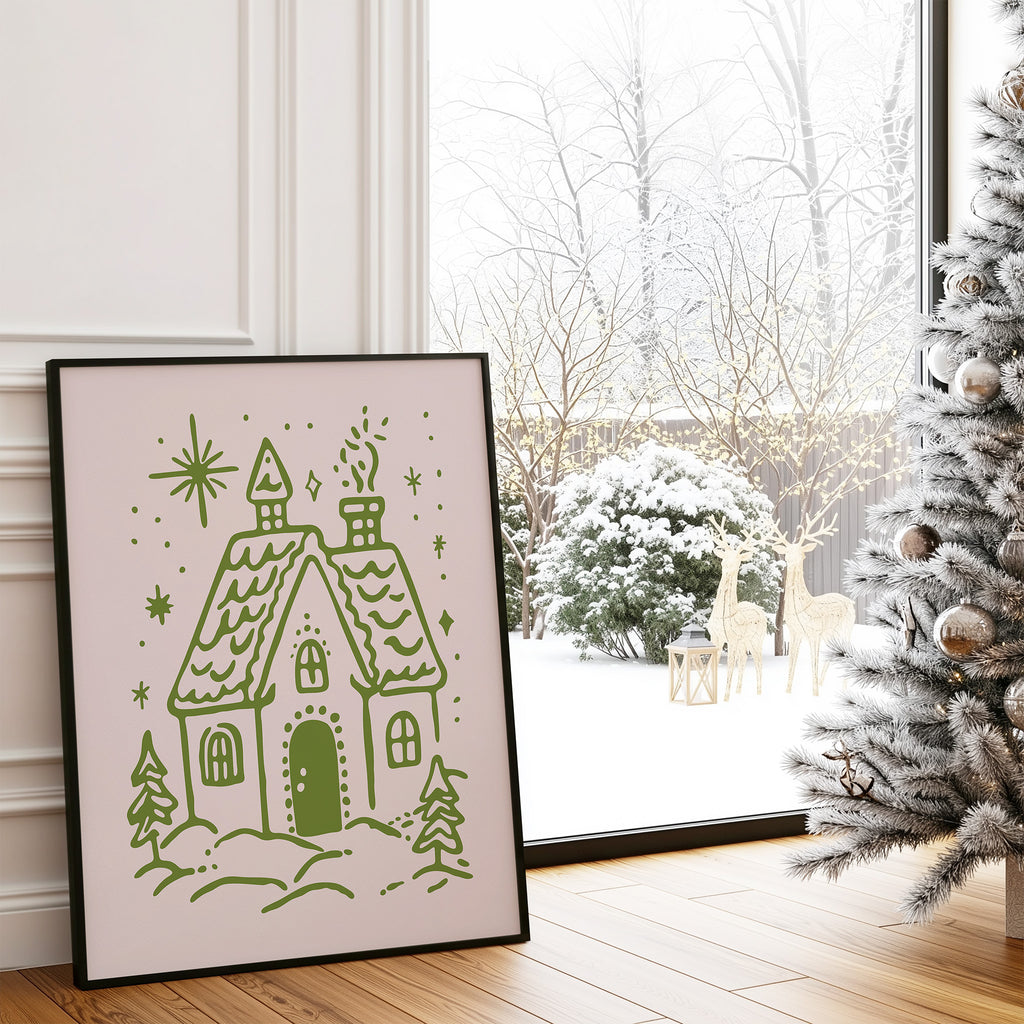 Cozy Christmas House Wall Art | Winter Cottage Holiday Illustration Print