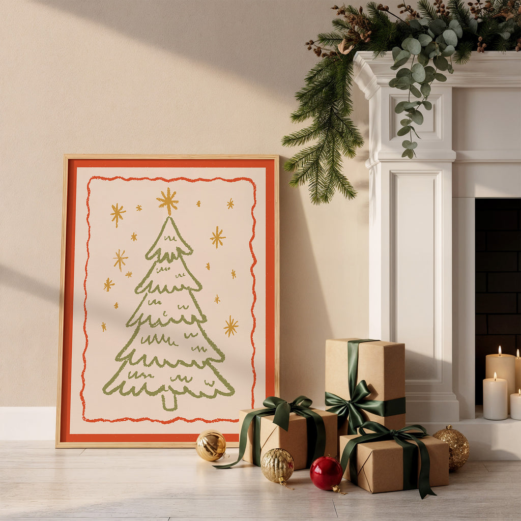 Christmas Tree Wall Art | Cozy Holiday Illustration Print with Stars
