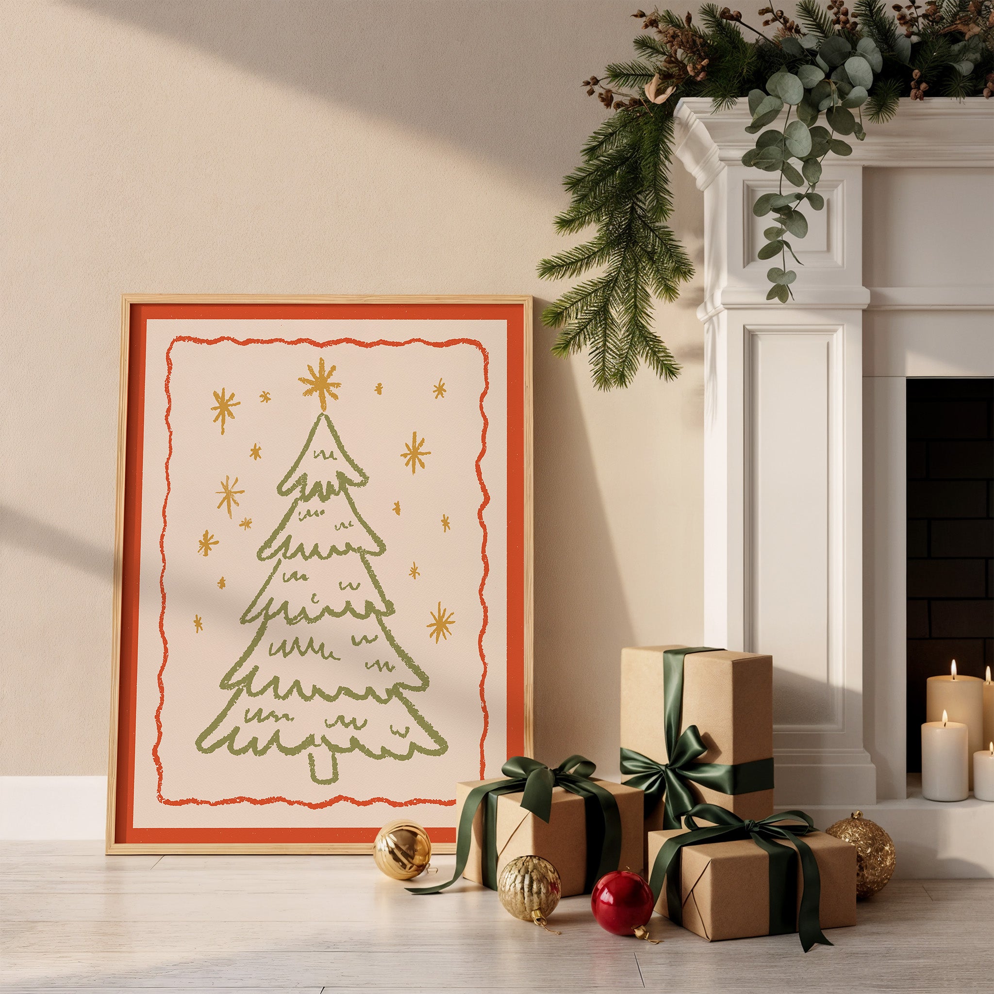 Christmas Tree Wall Art | Cozy Holiday Illustration Print with Stars