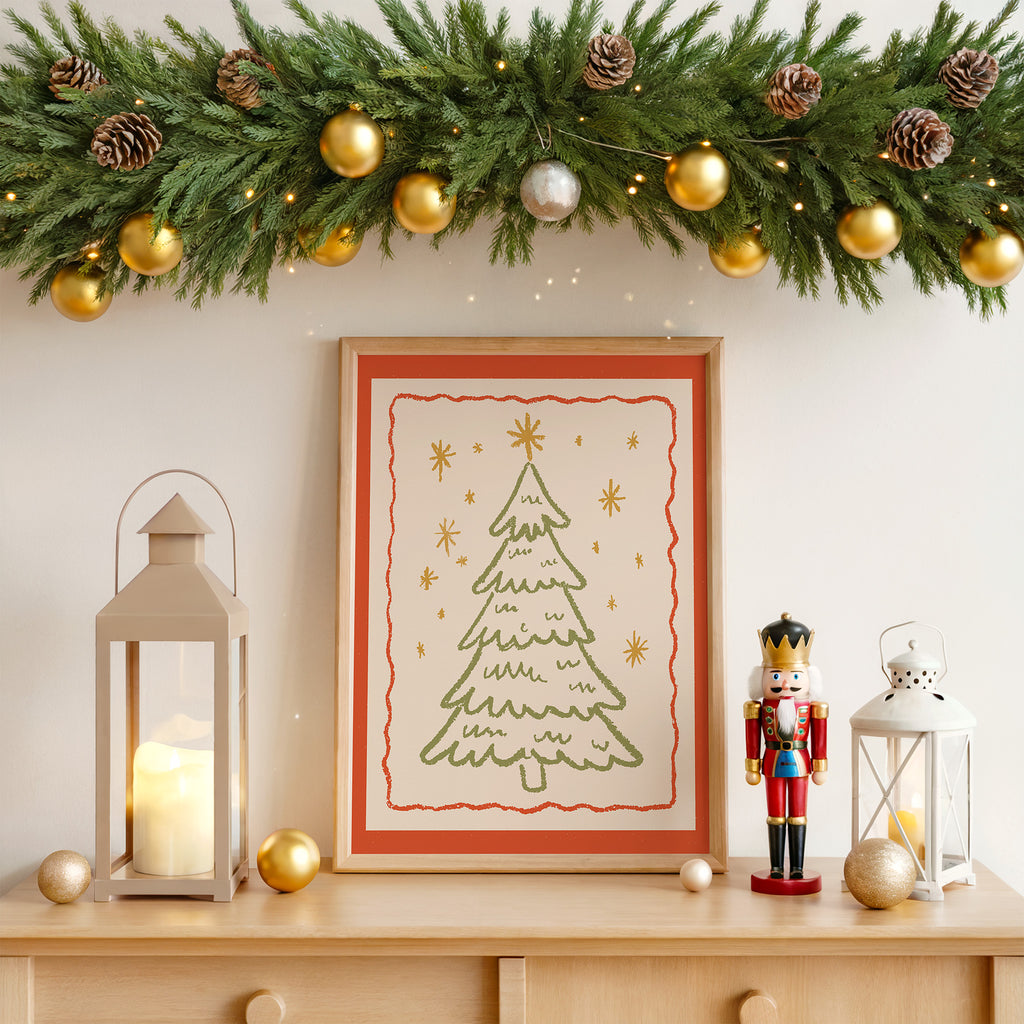 Christmas Tree Wall Art | Cozy Holiday Illustration Print with Stars