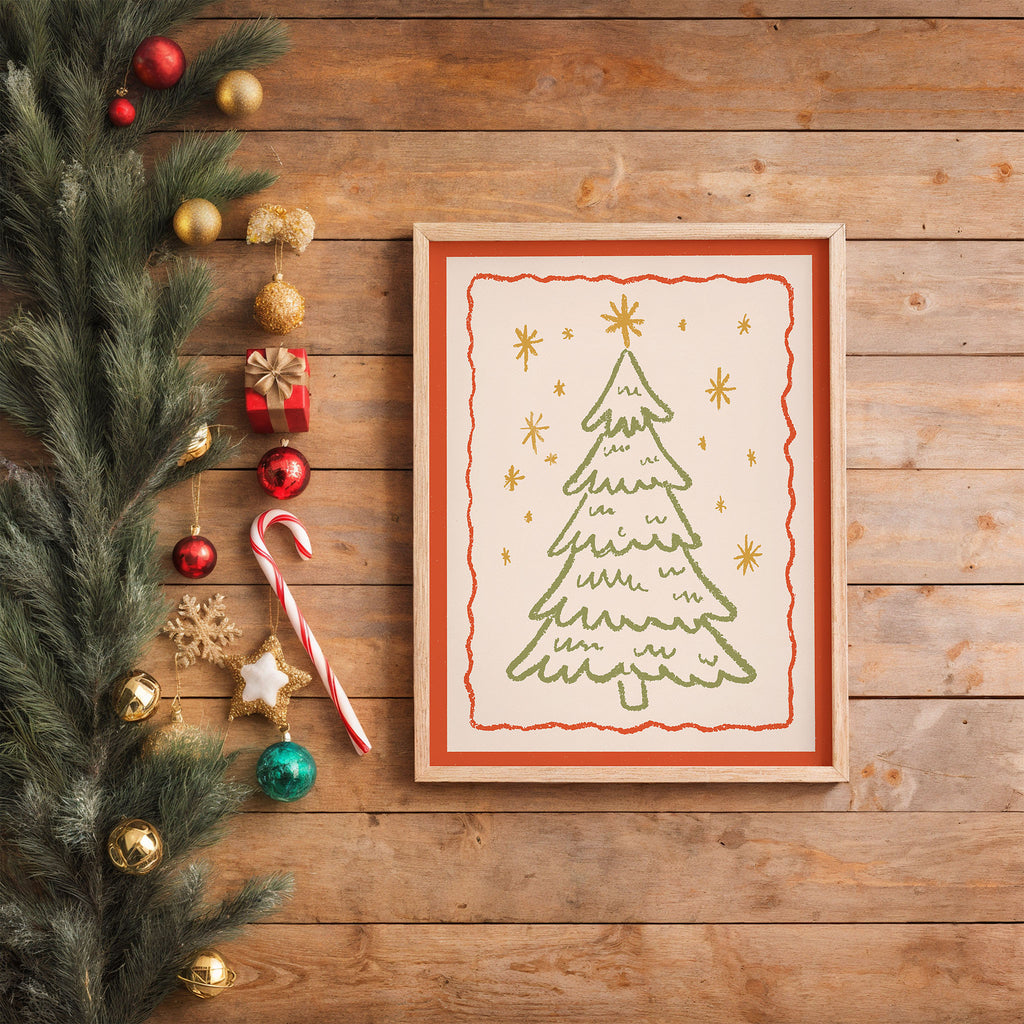Christmas Tree Wall Art | Cozy Holiday Illustration Print with Stars