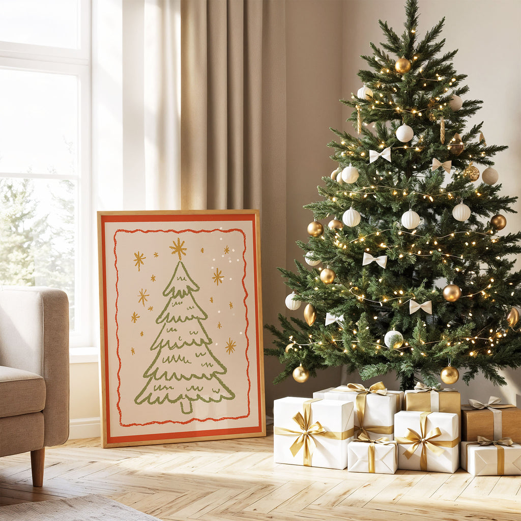 Christmas Tree Wall Art | Cozy Holiday Illustration Print with Stars