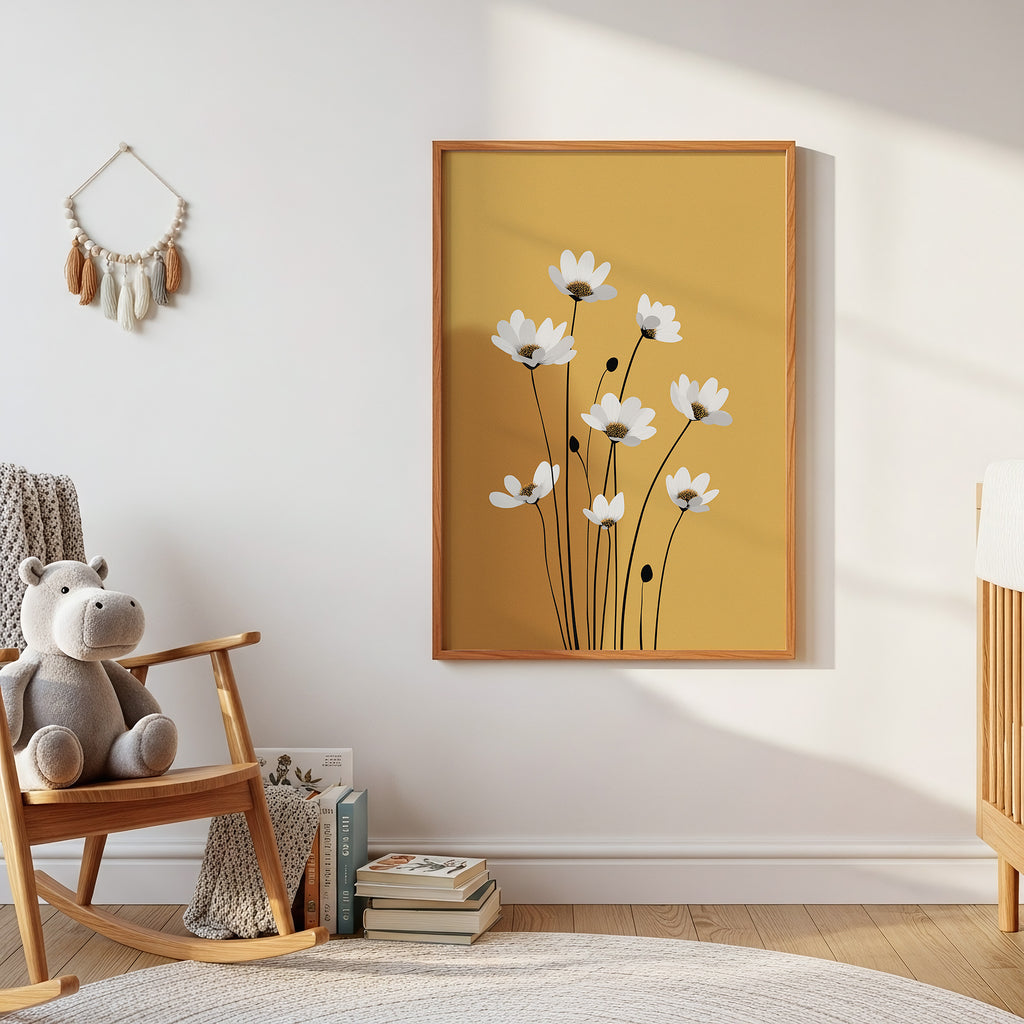 Golden Daisy Bloom – Mid-Century Retro Floral Wall Art