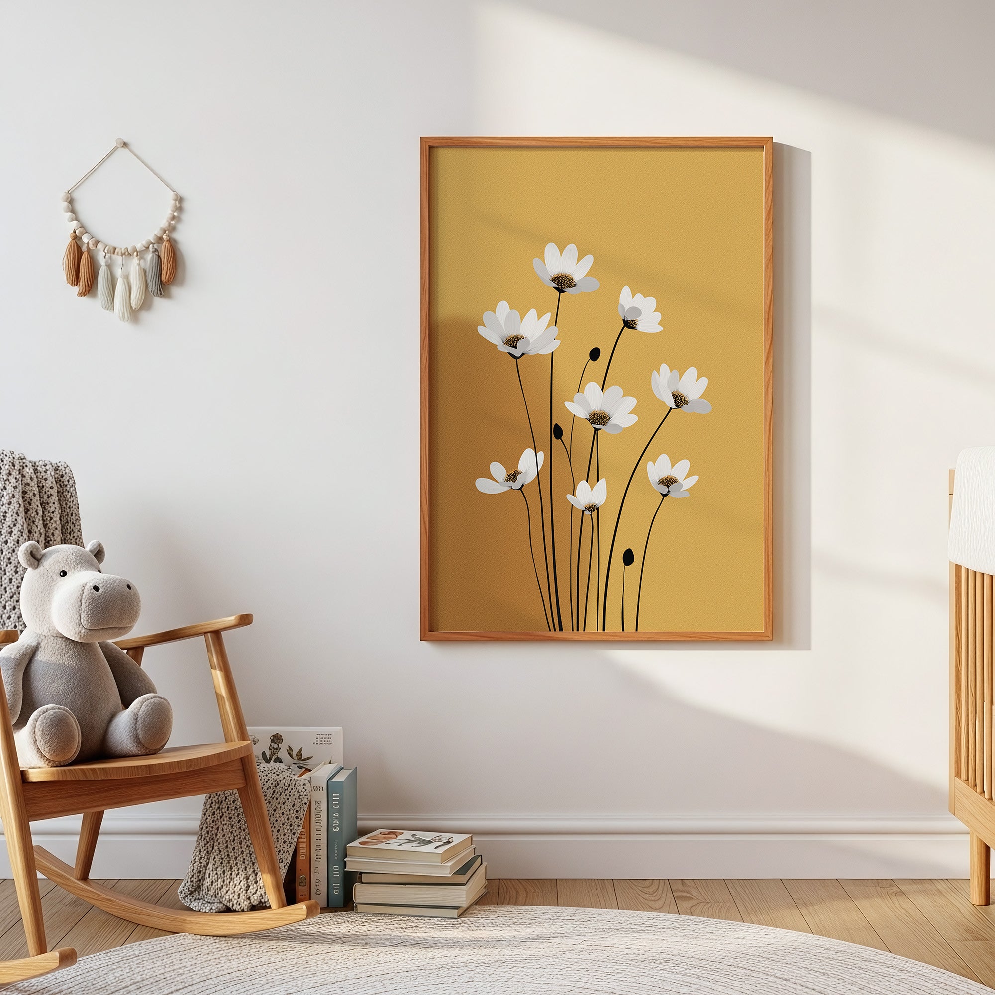 Golden Daisy Bloom – Mid-Century Retro Floral Wall Art