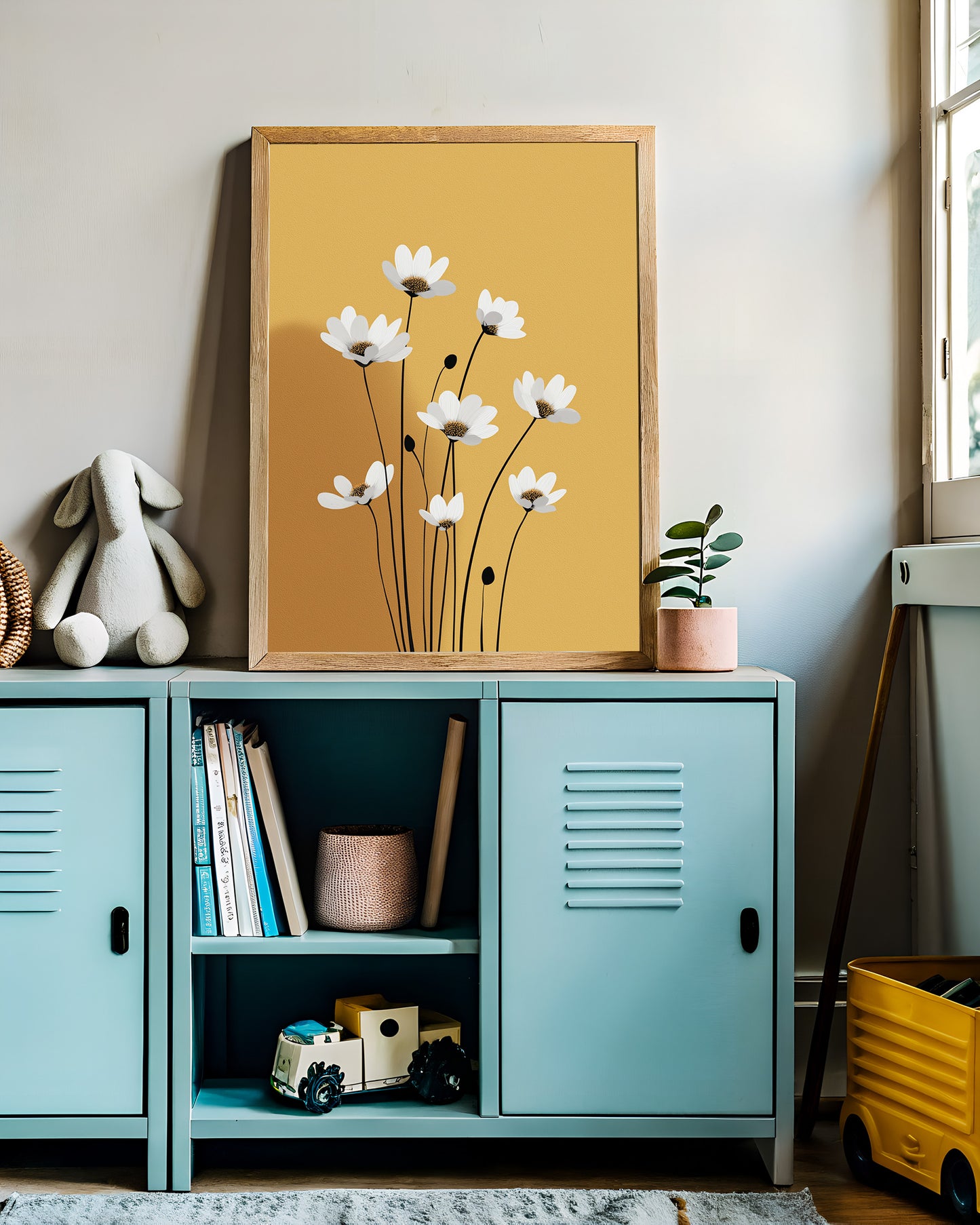 Golden Daisy Bloom – Mid-Century Retro Floral Wall Art