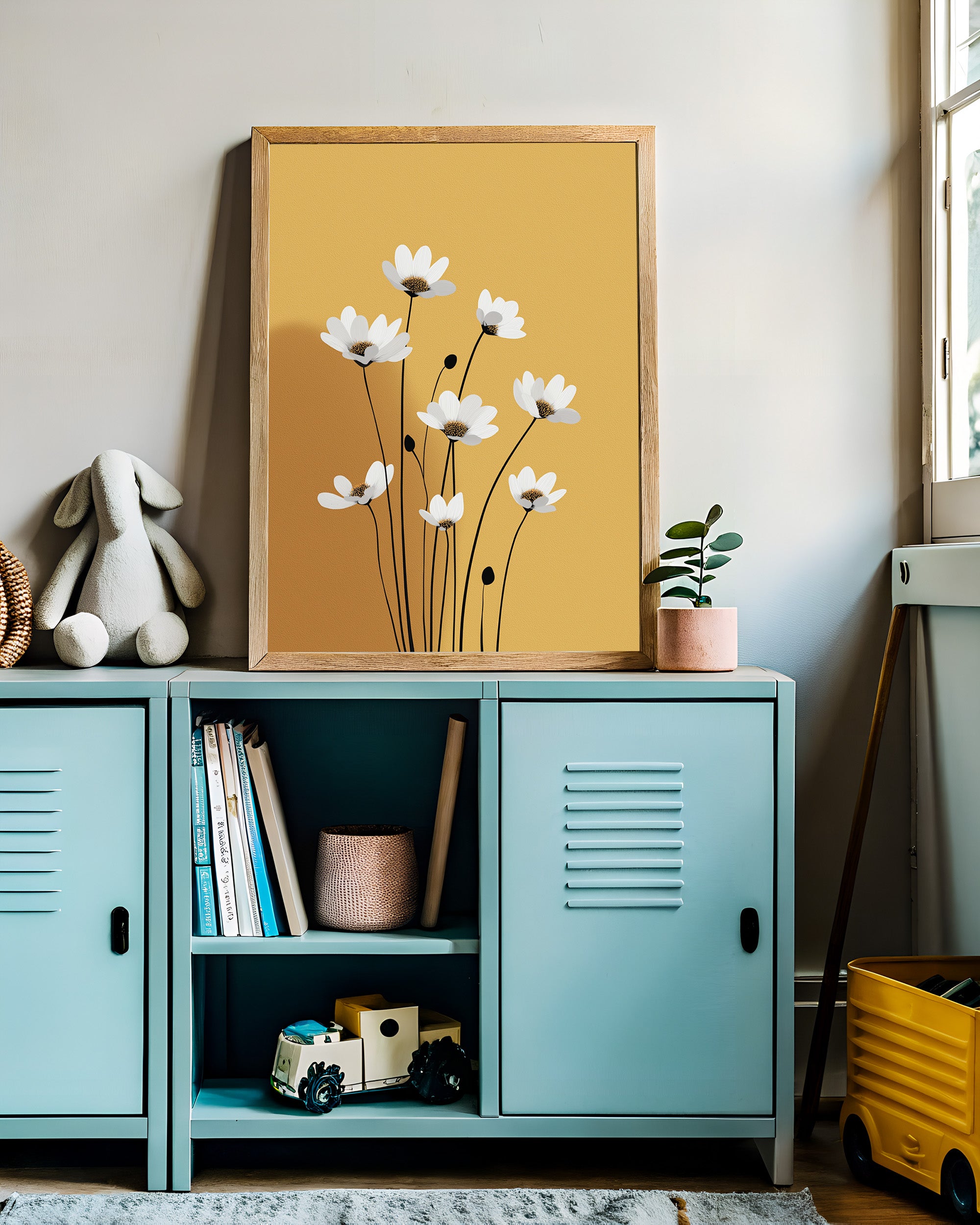 Golden Daisy Bloom – Mid-Century Retro Floral Wall Art