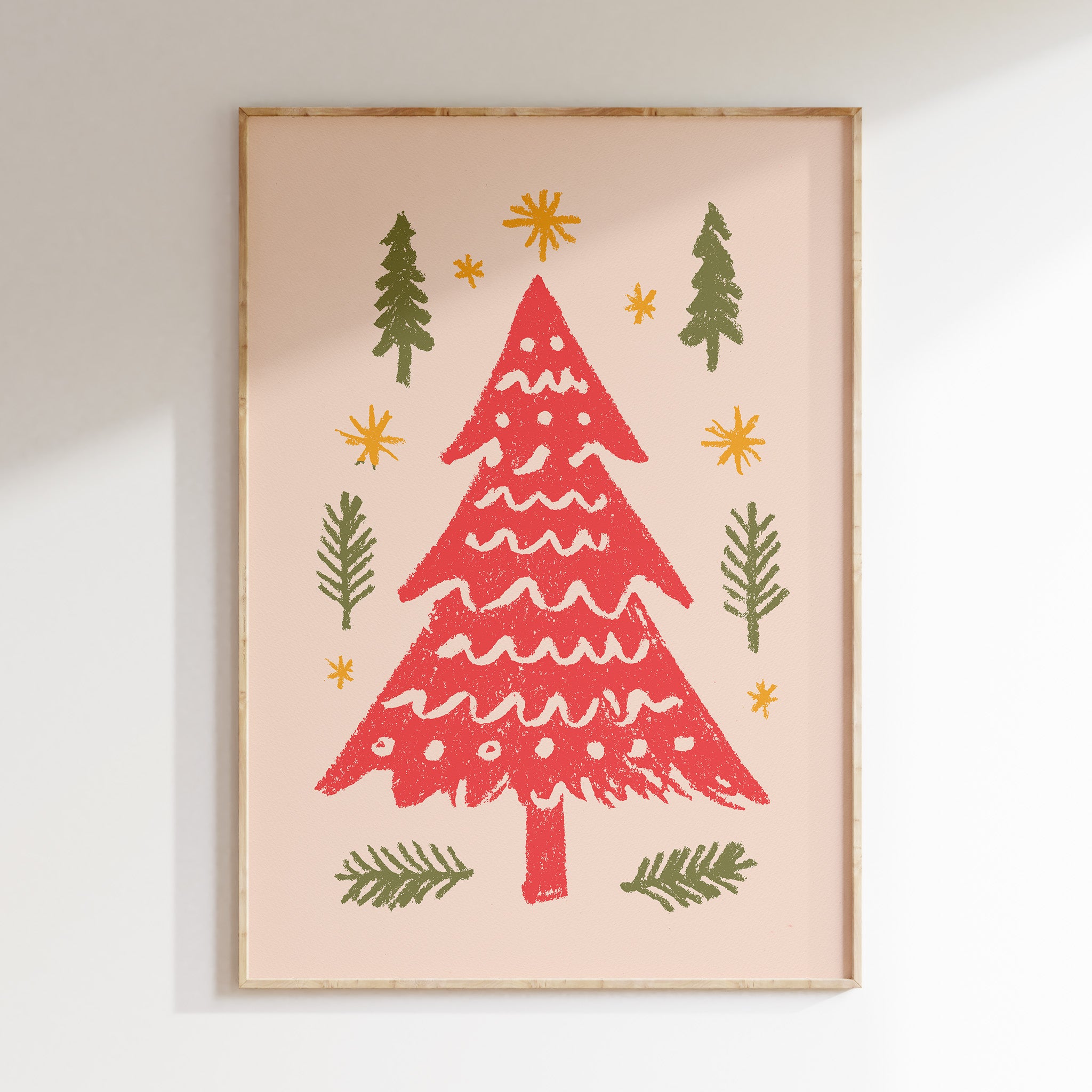 Red Christmas Tree Wall Art | Festive Holiday Illustration Print