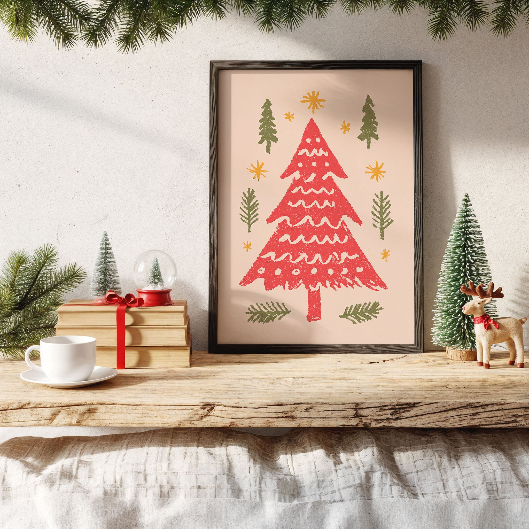 Red Christmas Tree Wall Art | Festive Holiday Illustration Print