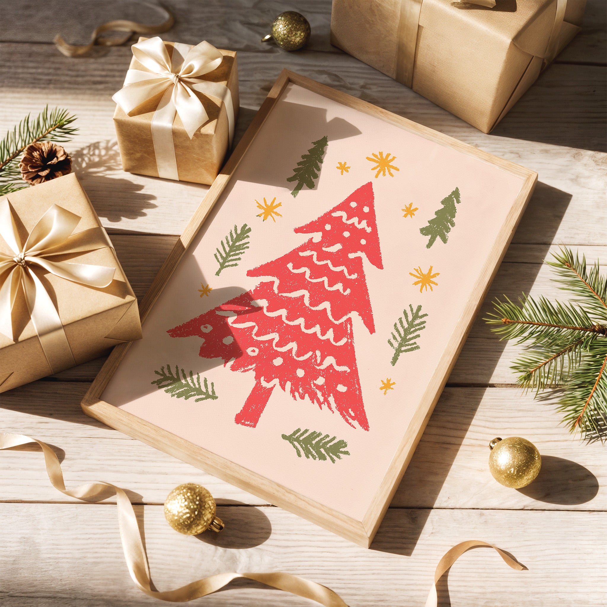 Red Christmas Tree Wall Art | Festive Holiday Illustration Print