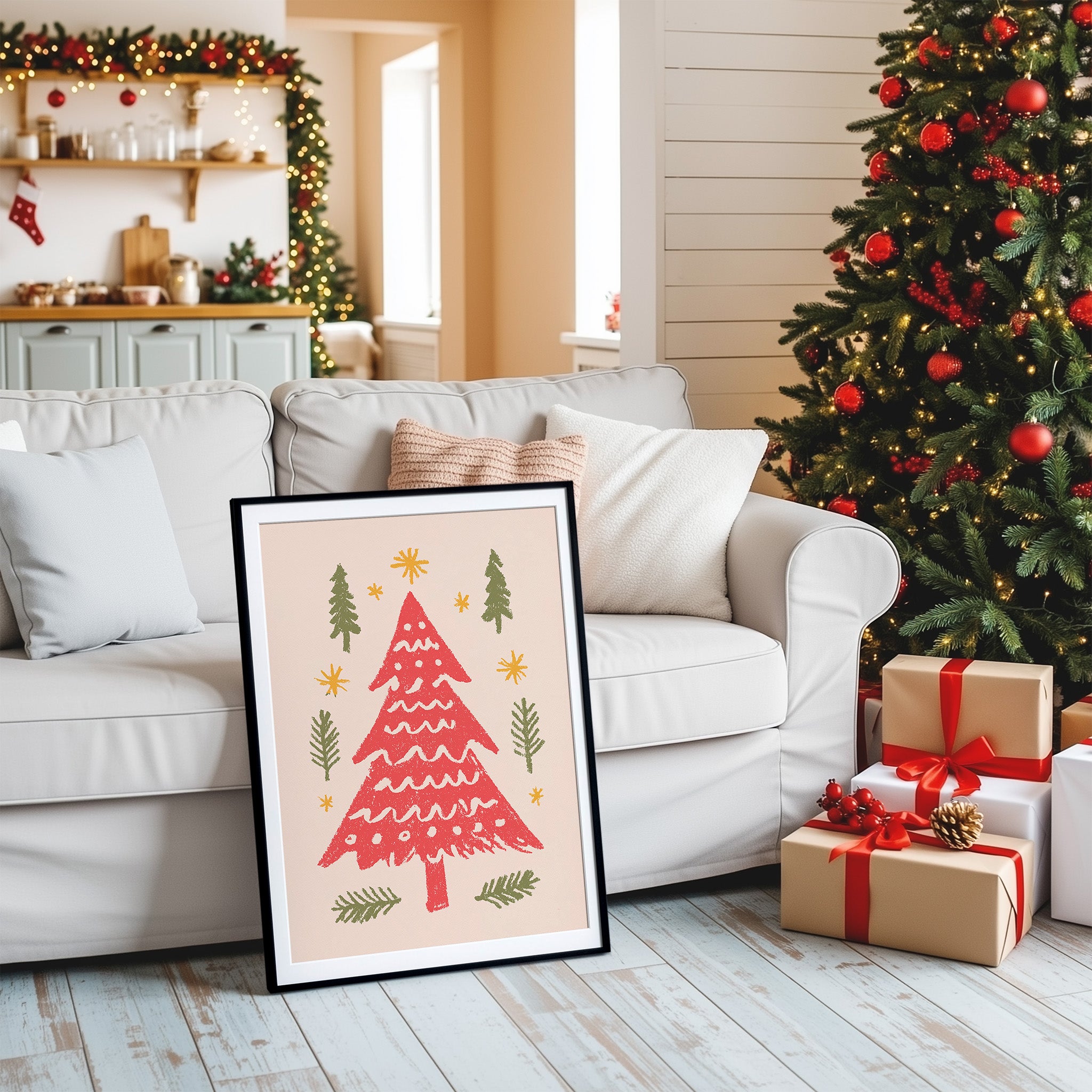 Red Christmas Tree Wall Art | Festive Holiday Illustration Print