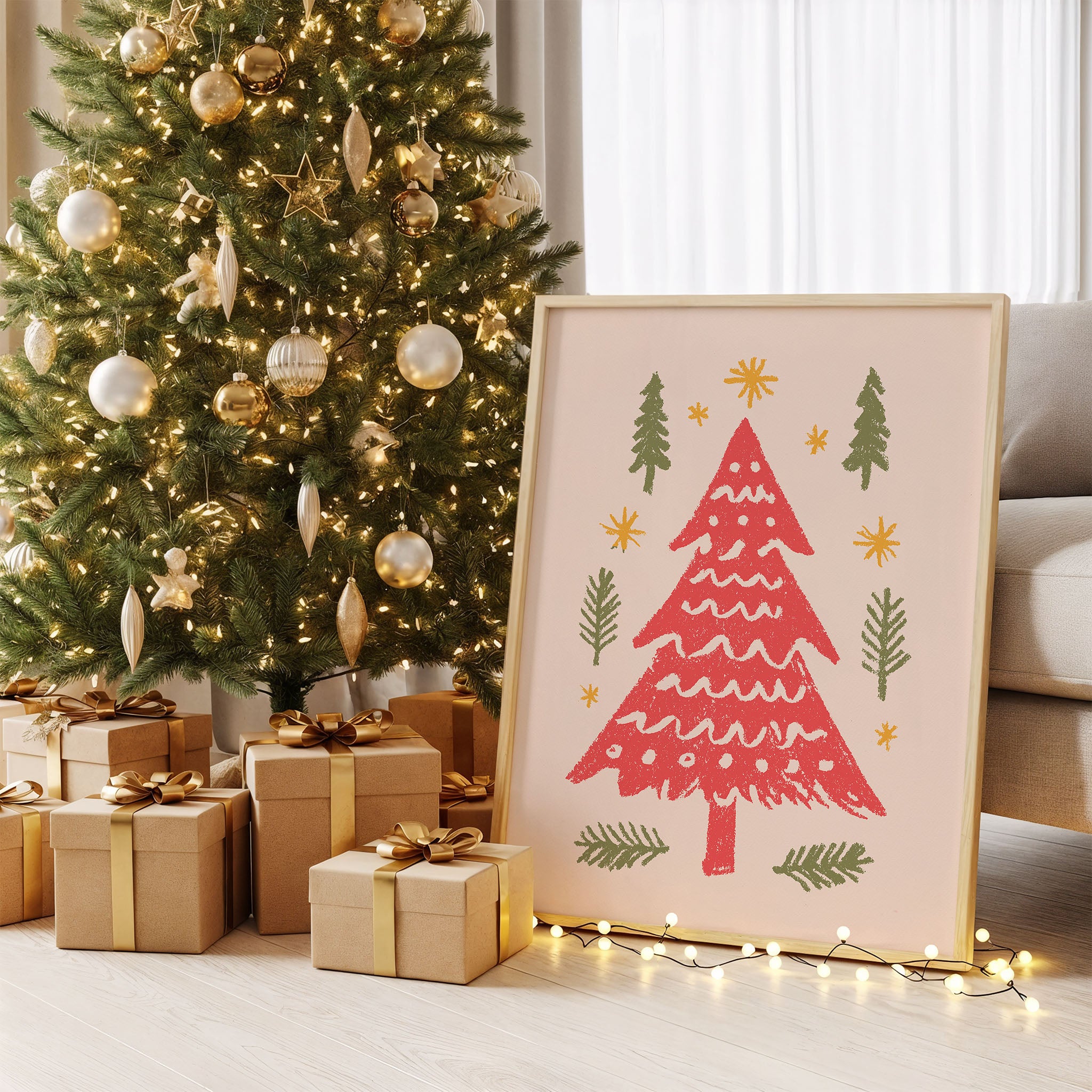 Red Christmas Tree Wall Art | Festive Holiday Illustration Print