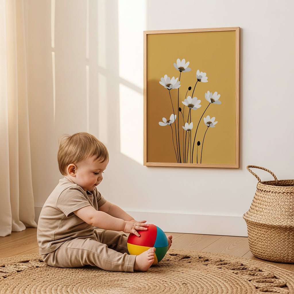 Golden Daisy Bloom – Mid-Century Retro Floral Wall Art